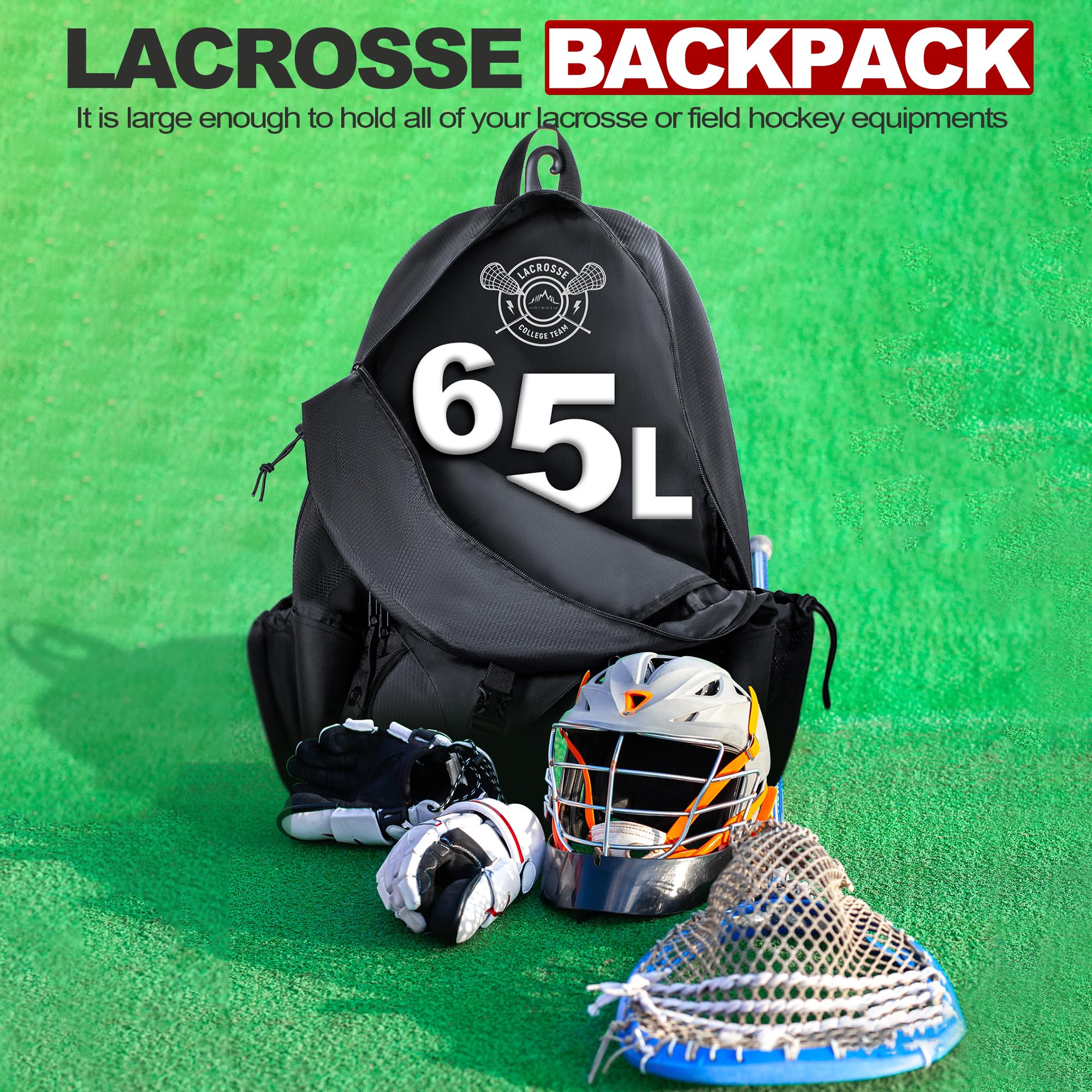 GoHimal Lacrosse Bag Extra Large Lacrosse Backpack with Tow Stick Holder