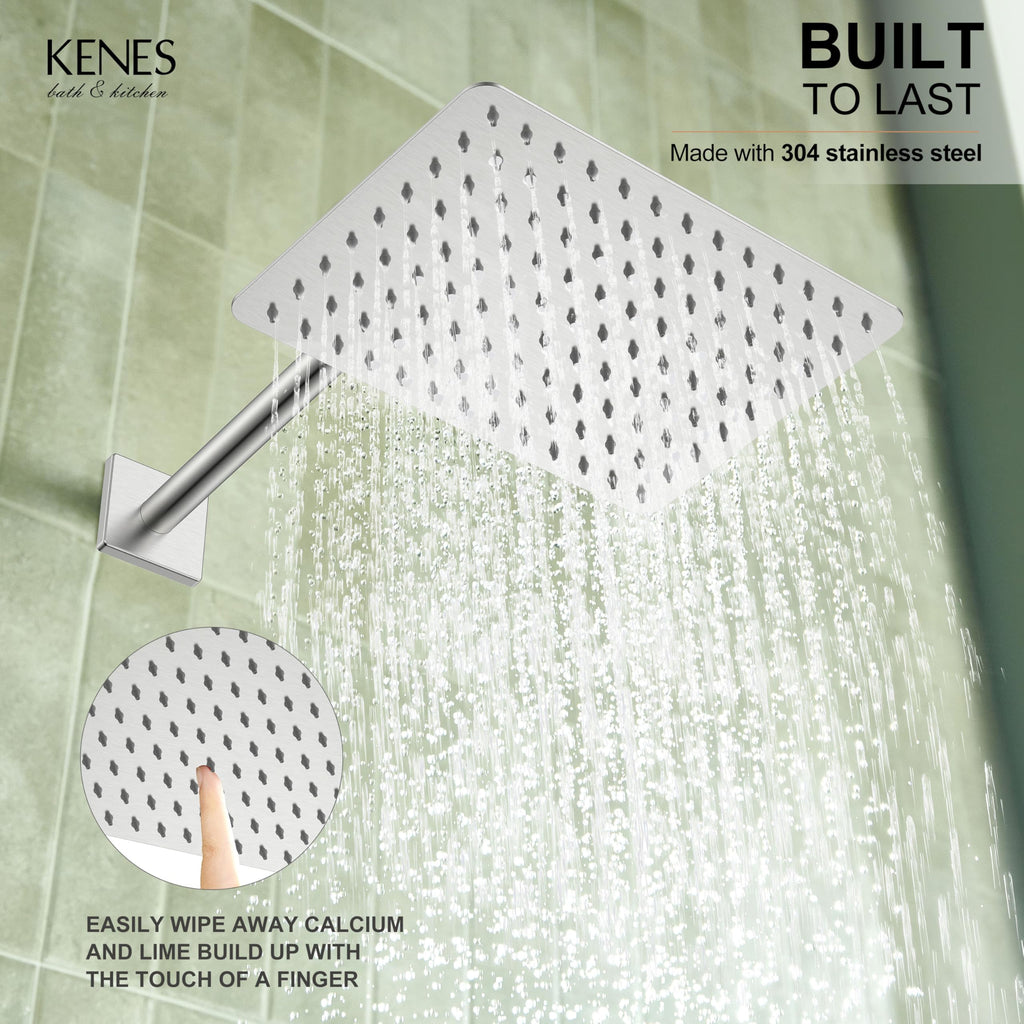 KENES Brushed Nickel 10-Inch Shower Head and Handle Set, Square Shower Faucet Set Bathroom Rainfall Shower System Wall Mount, KE-6024B (Shower Valve Included)