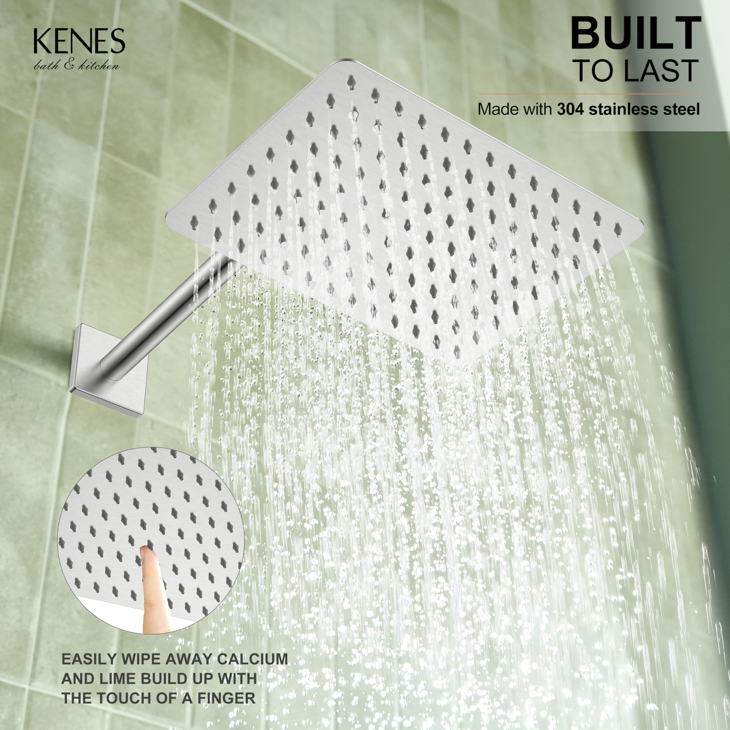 KENES Brushed Nickel 10-Inch Shower Head and Handle Set, Square Shower Faucet Set Bathroom Rainfall Shower System Wall Mount, KE-6024B (Shower Valve Included)