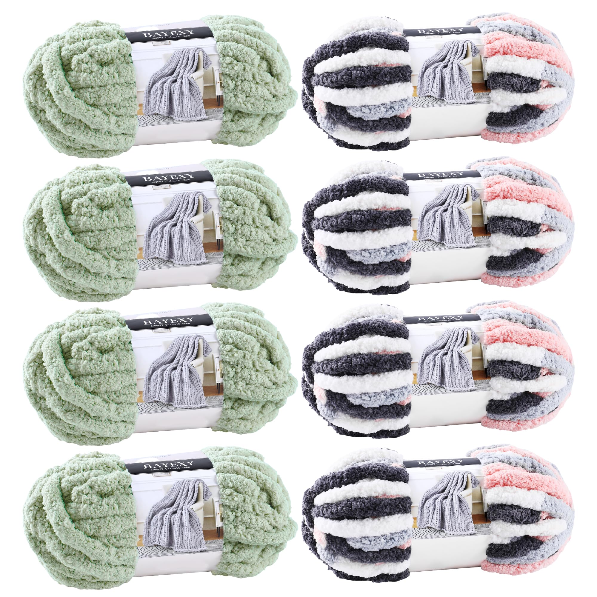 Chunky Chenille Yarn for Hand Knitting 8 Jumbo Pack Jumbo Chunky Yarn for Hand Soft Blanket Knitting, Bulky Thick Fluffy Yarn for Crocheting (Black)