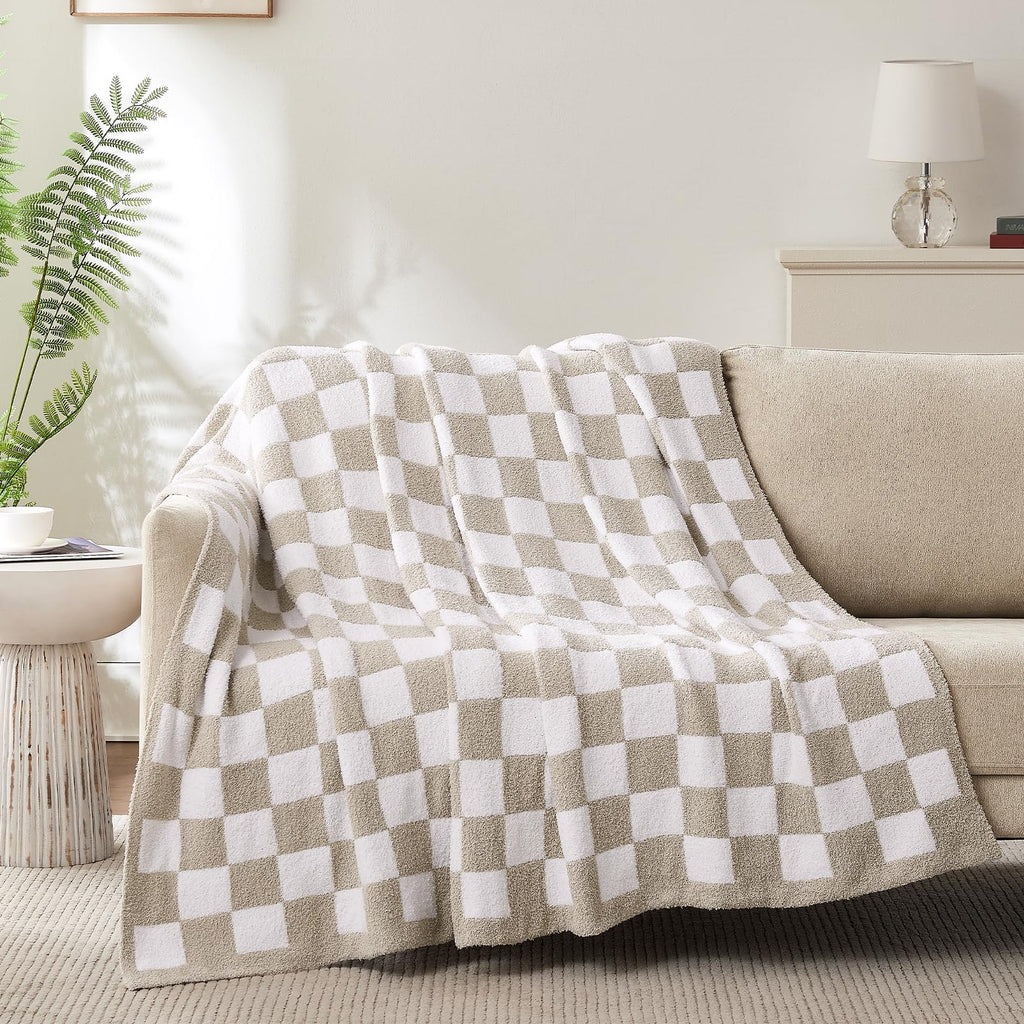Checkered Throw Blanket, Black Soft Cozy Fluffy Knitted Throw Blankets for Couch, Sofa, Bed, Chair, Warm Fuzzy Travel Picnic Lightweight Plaid Blanket, 50x70 inches