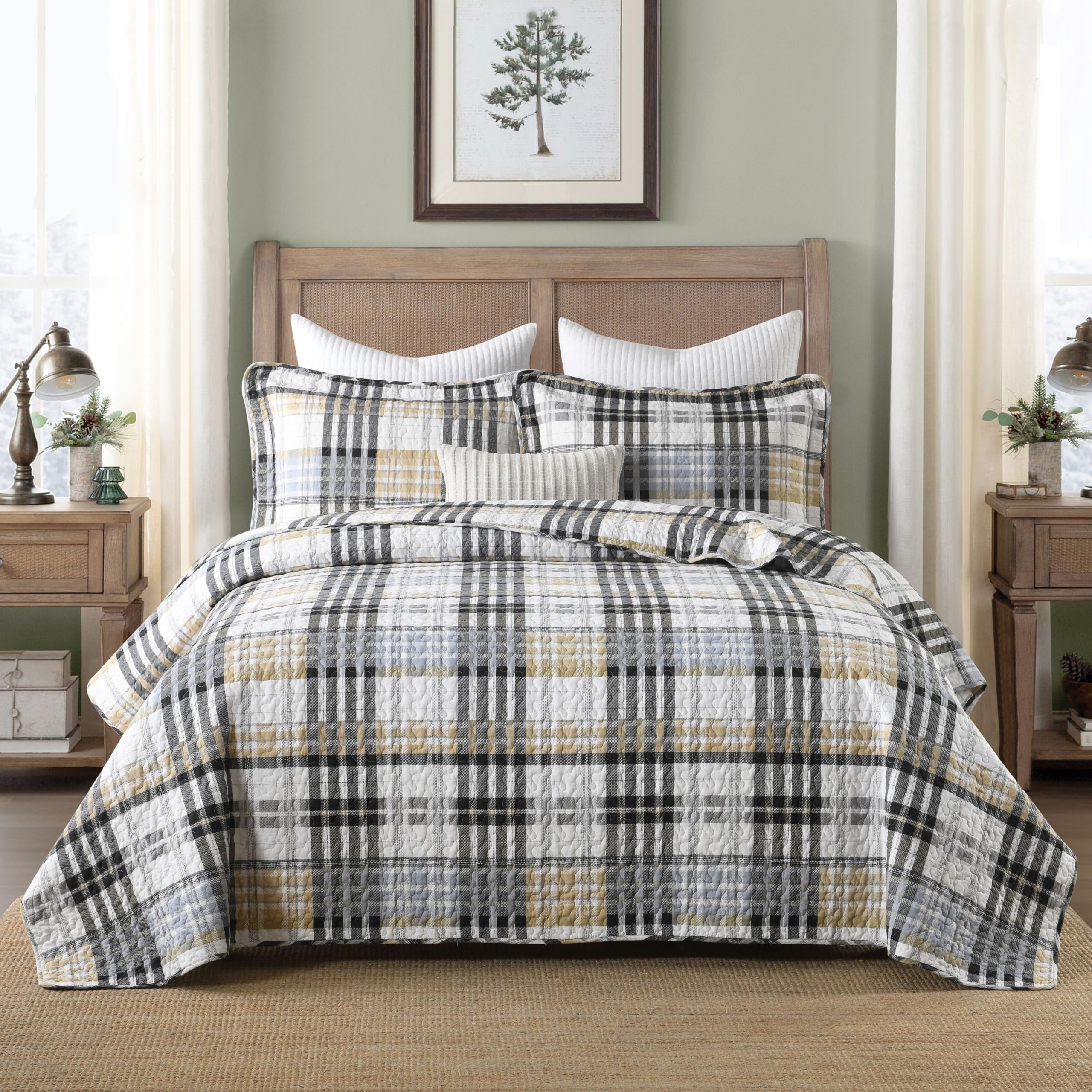 Yellow Quilts Queen Size, Paisley Comforter Set Queen Cotton Bed, Yellow Grey White Comforter, Striped Bedding Queen Size, Lightweight Luxury Bedspread,3 Piece