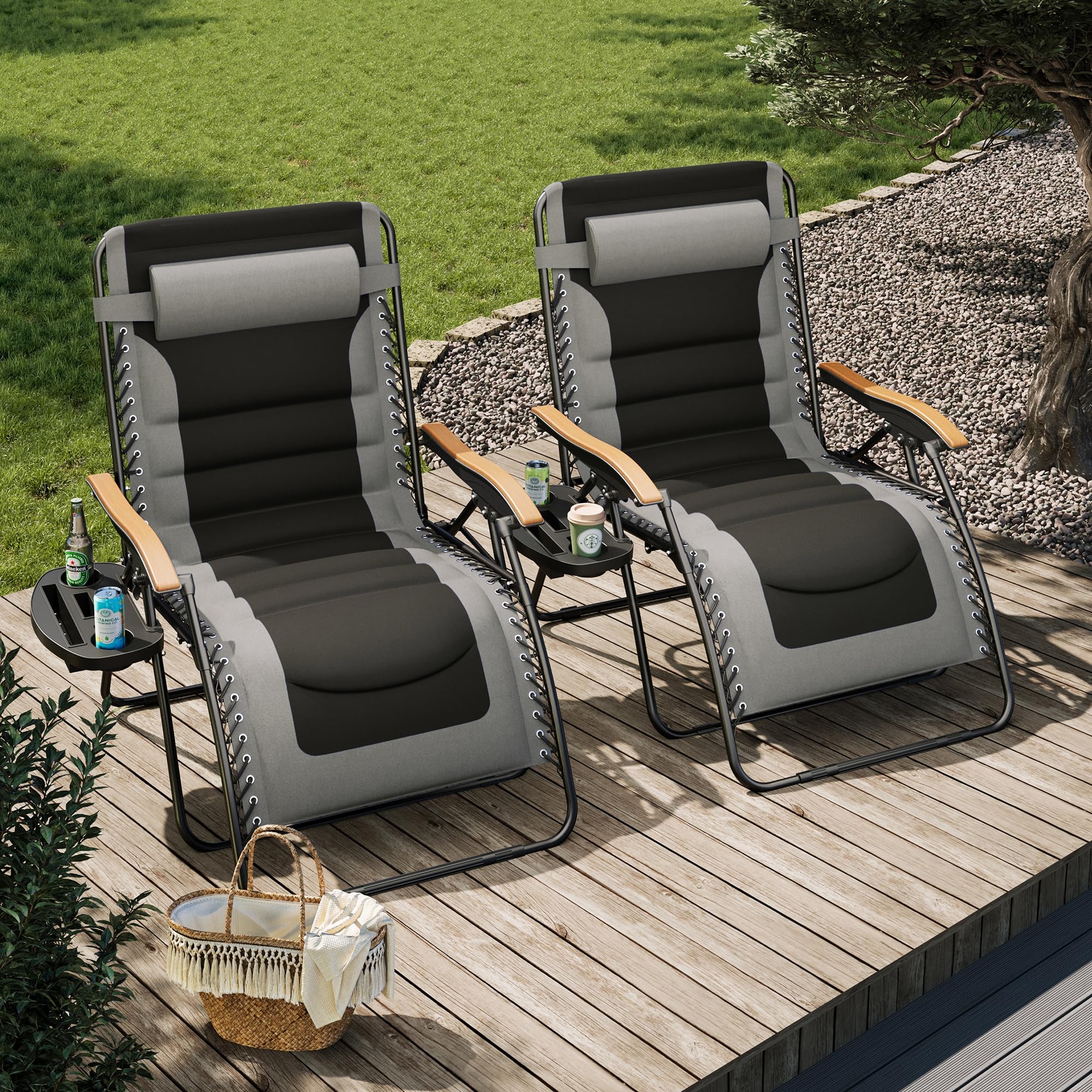 PHI VILLA XXL Oversized Padded Zero Gravity Chair Set of 2, Foldable Patio Recliner, 30" Wide Seat Anti Gravity Lounger with Armrest and Cup Holder, Support 400 LBS (Aqua Blue)