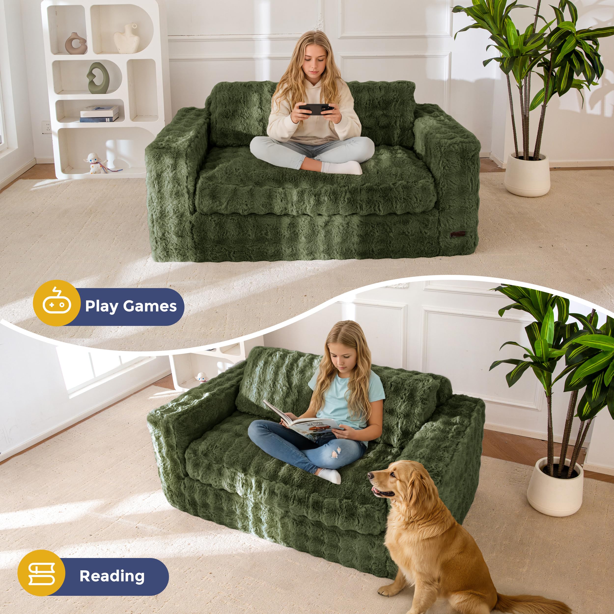 MAXYOYO 3 Seater Sofa Couch for Living Room, Tufted Boneless Couch Sofa Couch, Comfy Bubbled Bean Bag Chair for Apartment, No Assembly Needed, Beige