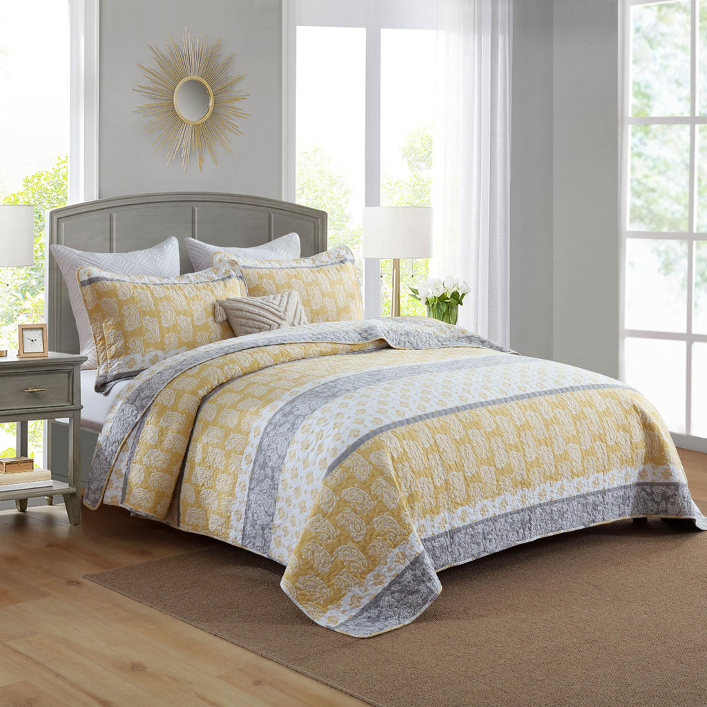 Yellow Quilts Queen Size, Paisley Comforter Set Queen Cotton Bed, Yellow Grey White Comforter, Striped Bedding Queen Size, Lightweight Luxury Bedspread,3 Piece