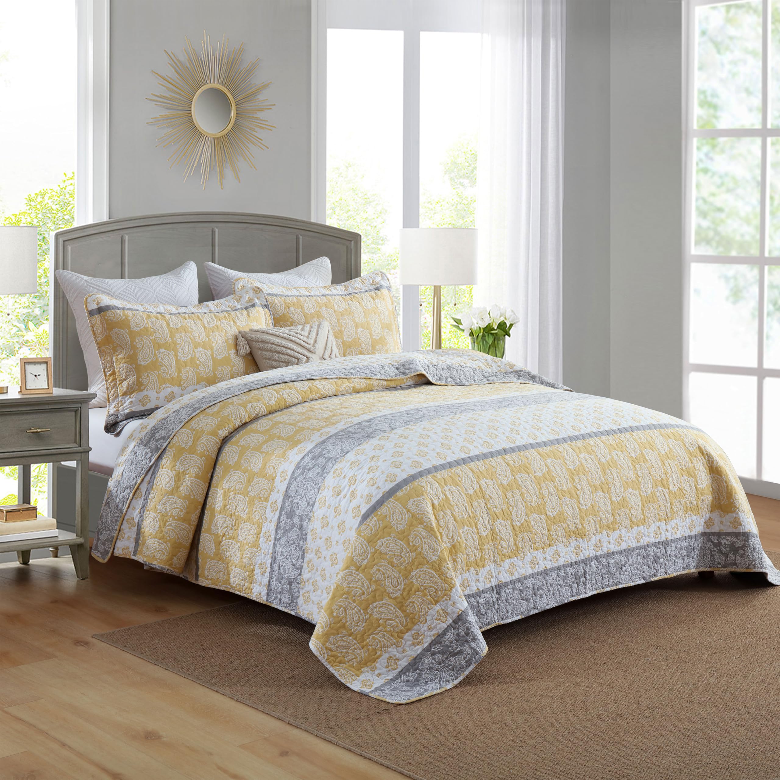 Yellow Quilts Queen Size, Paisley Comforter Set Queen Cotton Bed, Yellow Grey White Comforter, Striped Bedding Queen Size, Lightweight Luxury Bedspread,3 Piece