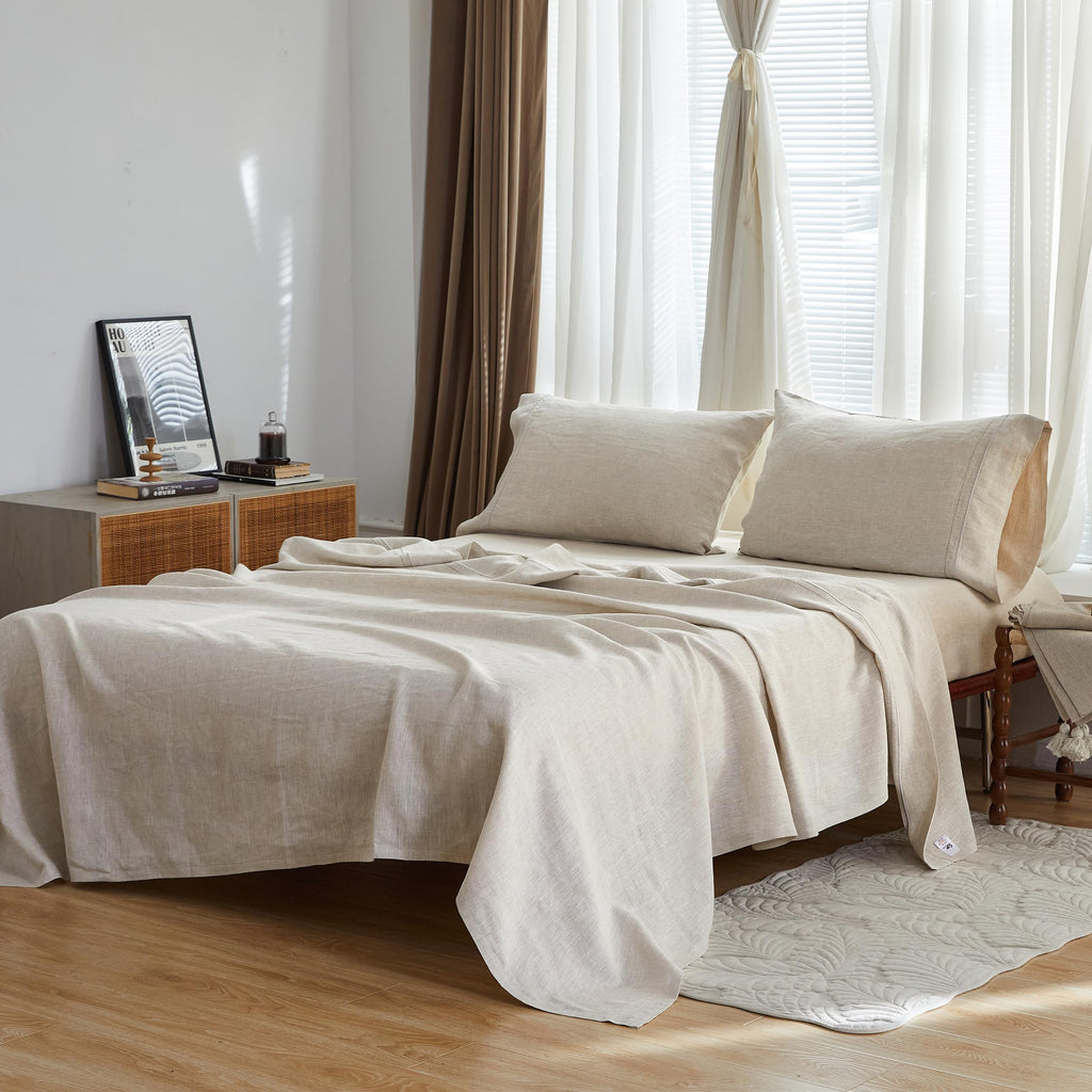 Simple&Opulence 100% Pure Linen Sheet Set Twin Size, Natural French Flax Solid Color 3 Pcs Washed Breathable, Farmhouse Bedding (1 Flat Sheet,1 Fitted Sheet,1 Pillowcase)-Embroidery Dark Grey