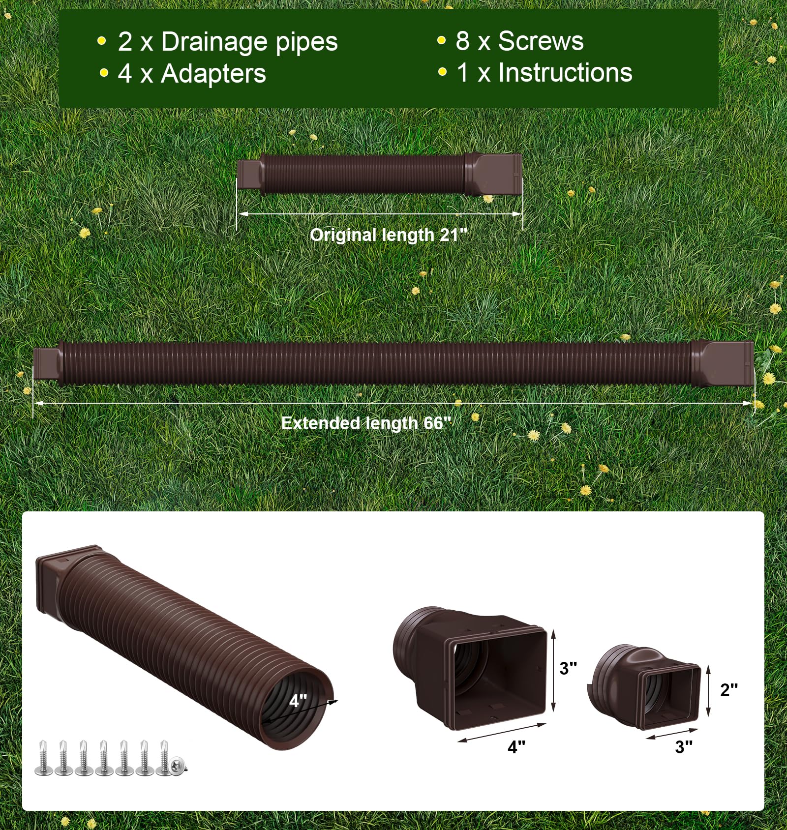 Ogutter Rain Gutter Downspout Extensions, Downspout Extender for Rainwater Drainage Flexible, Down Spout Drain Extension Pipe and Extendable from 21 to 66 Inches (Black)