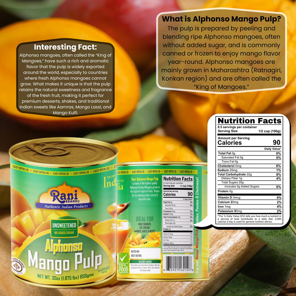 Rani Mango Pulp Puree (Makes Mango Lassi Shakes) Alphonso Sweetened 30oz (1.875lbs) 850g ~ Kosher | All Natural | NON-GMO | Vegan | No colors | Gluten Friendly | Indian Origin