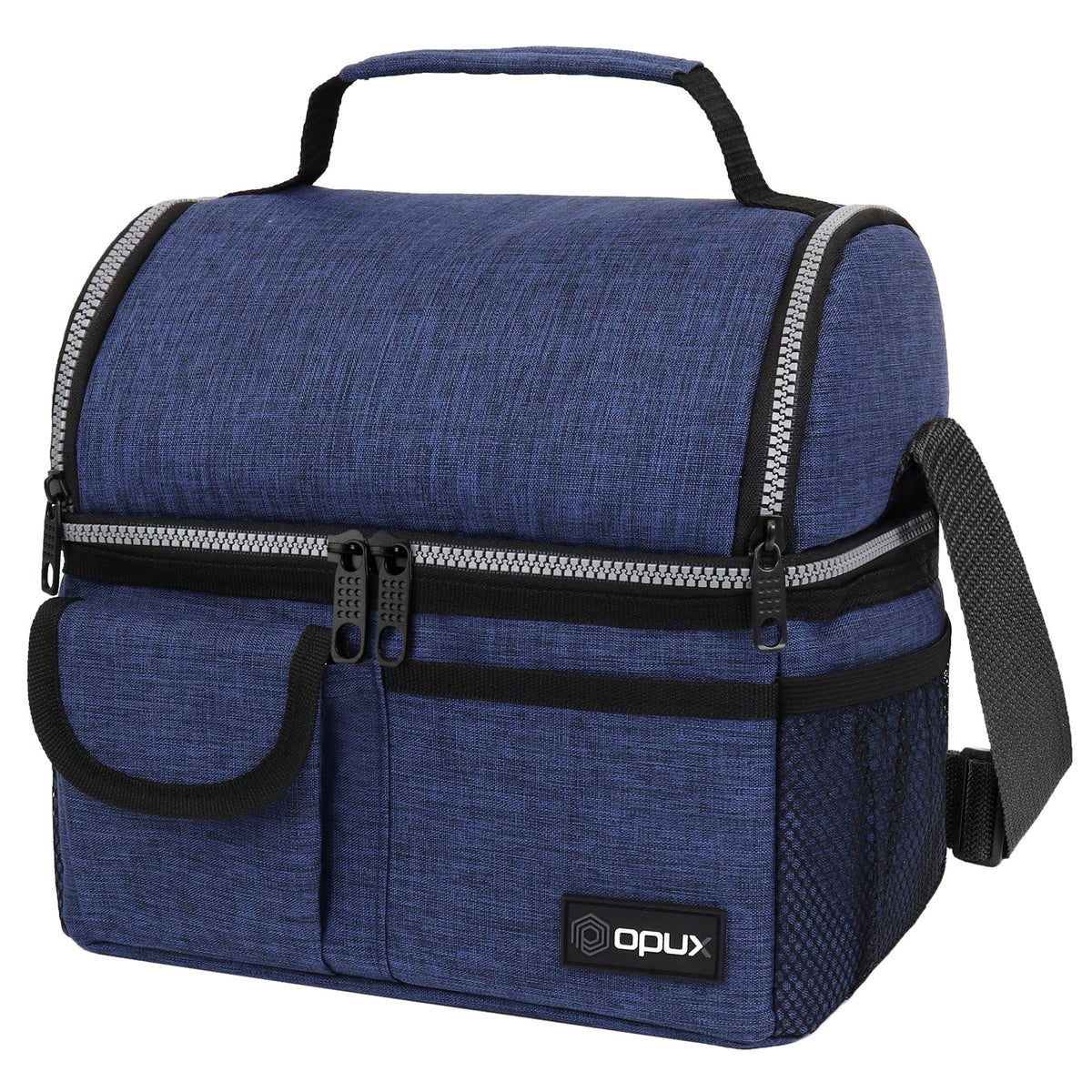 opux Insulated Lunch Bag Women Men, Dual Compartment Leakproof Lunch Box Adults Kids, Double Decker Meal Prep Bento Lunch Cooler Tote with Shoulder Strap for Work Office School Travel, Black
