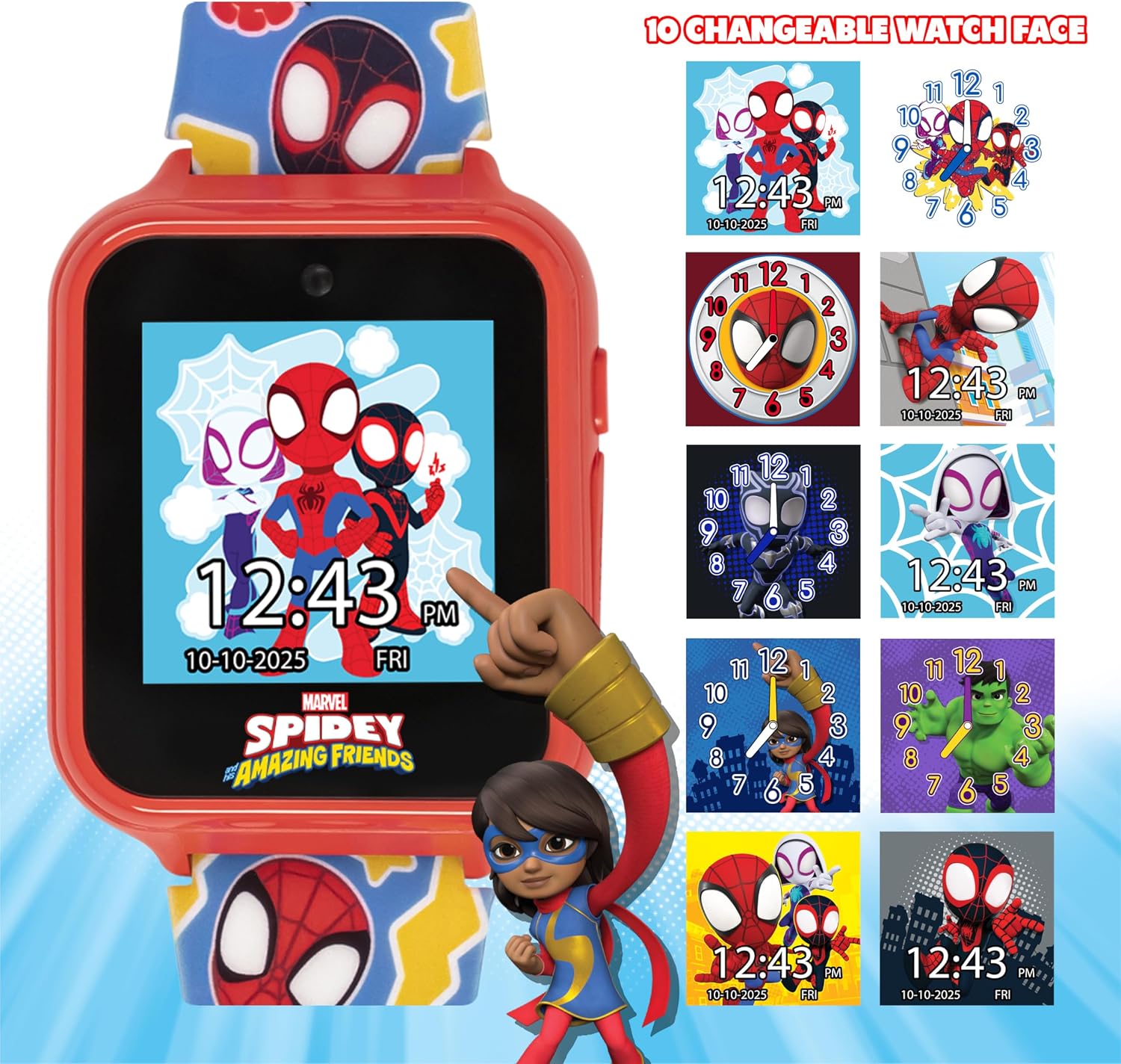Marvel Spidey and His Amazing Friends Interactive Kids Smart Watch with Camera Games Voice Recorder Calculator Pedometer Colorful Silicone Strap Fits Wrists 5.5" to 8"