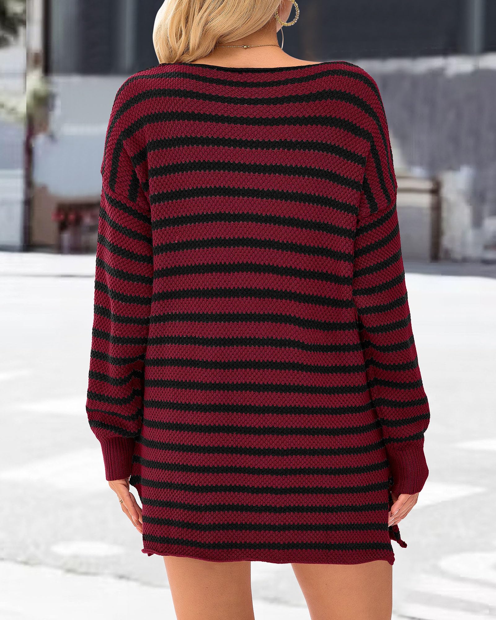 KIRUNDO Women's 2026 Fall Winter Oversized Long Sleeve Striped Sweater Casual Crewneck Side Split Pullover Knit Tops
