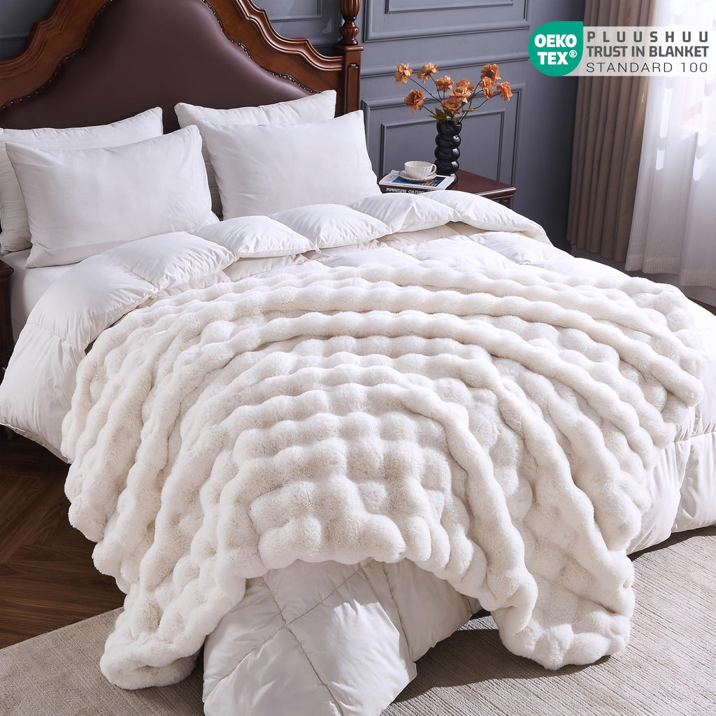 Faux Fur Throw Blanket for Couch, Fluffy Fuzzy Plush Bubble Blanket, Soft Warm Cozy Shaggy Rabbit Blanket, Luxury Decorative Gifts for Sofa Bedroom Living Room, 60x50inch (Beige)