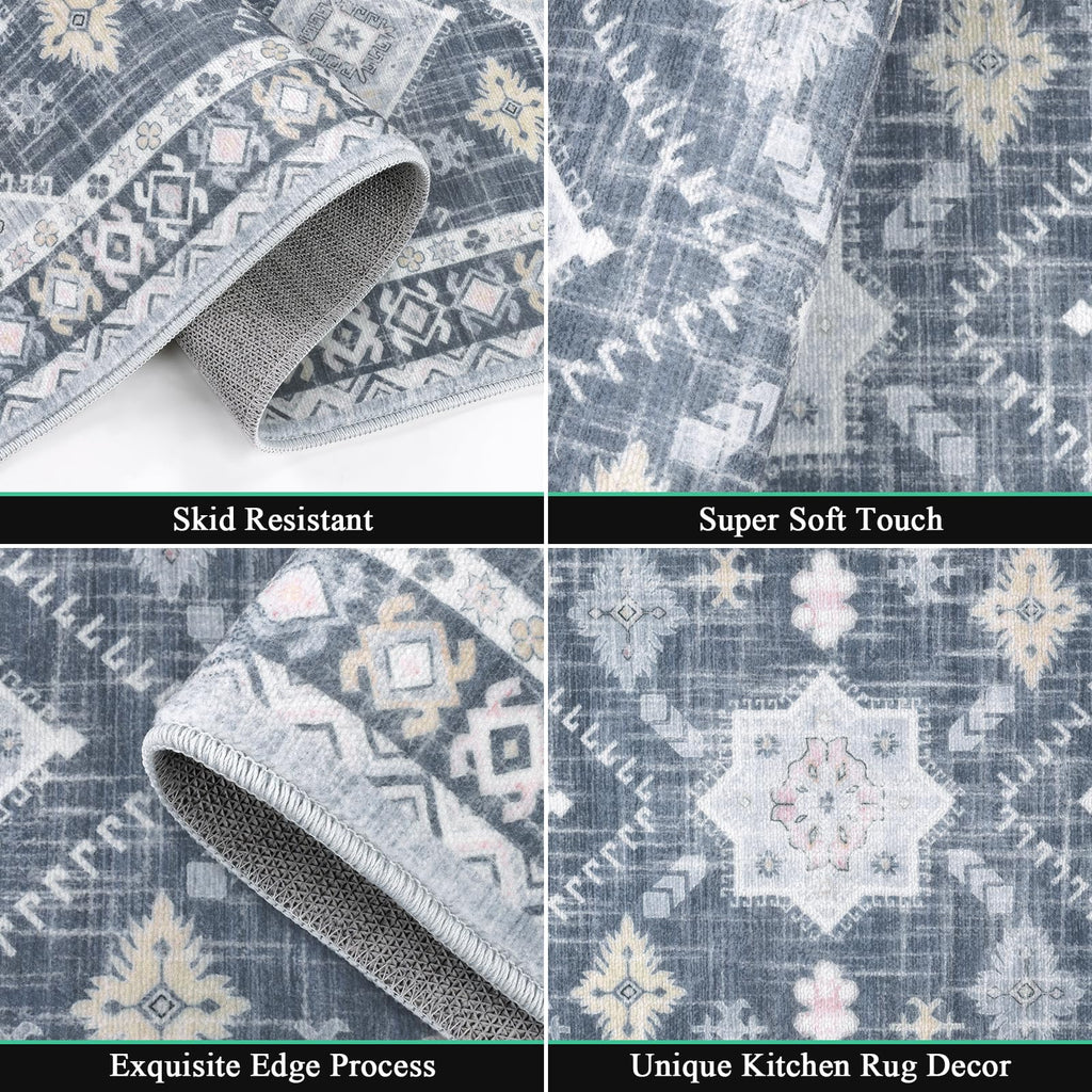 HEBE Boho Kitchen Rug Sets 3 Piece with Runner Non Slip Kitchen Rugs and Mats Washable Kitchen Mats for Floor Thick Kitchen Floor Mat Carpet Runner Rugs for Hallway Laundry Holiday Decor