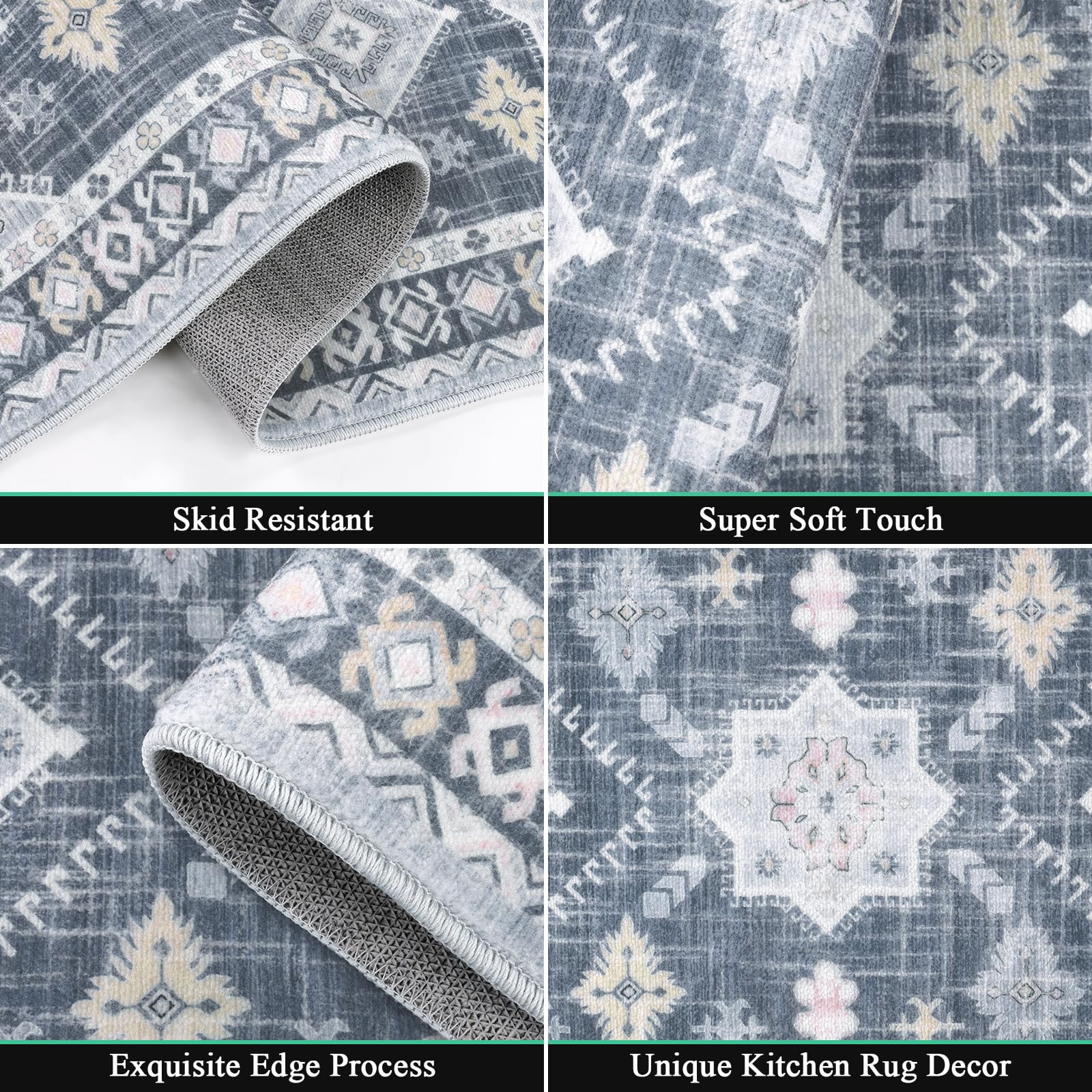 HEBE Boho Kitchen Rug Sets 3 Piece with Runner Non Slip Kitchen Rugs and Mats Washable Kitchen Mats for Floor Thick Kitchen Floor Mat Carpet Runner Rugs for Hallway Laundry Holiday Decor