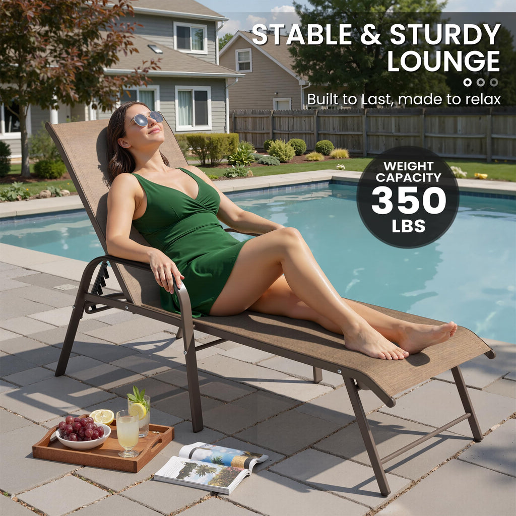 Crestlive Products Chaise Lounge Chair Outdoor with Armrests, Pool Lounge Chairs Set of 2, Aluminum Adjustable 5 Positions Sun Tanning Lounger for Patio, Poolside, Yard, Deck, Backyard (Beige)