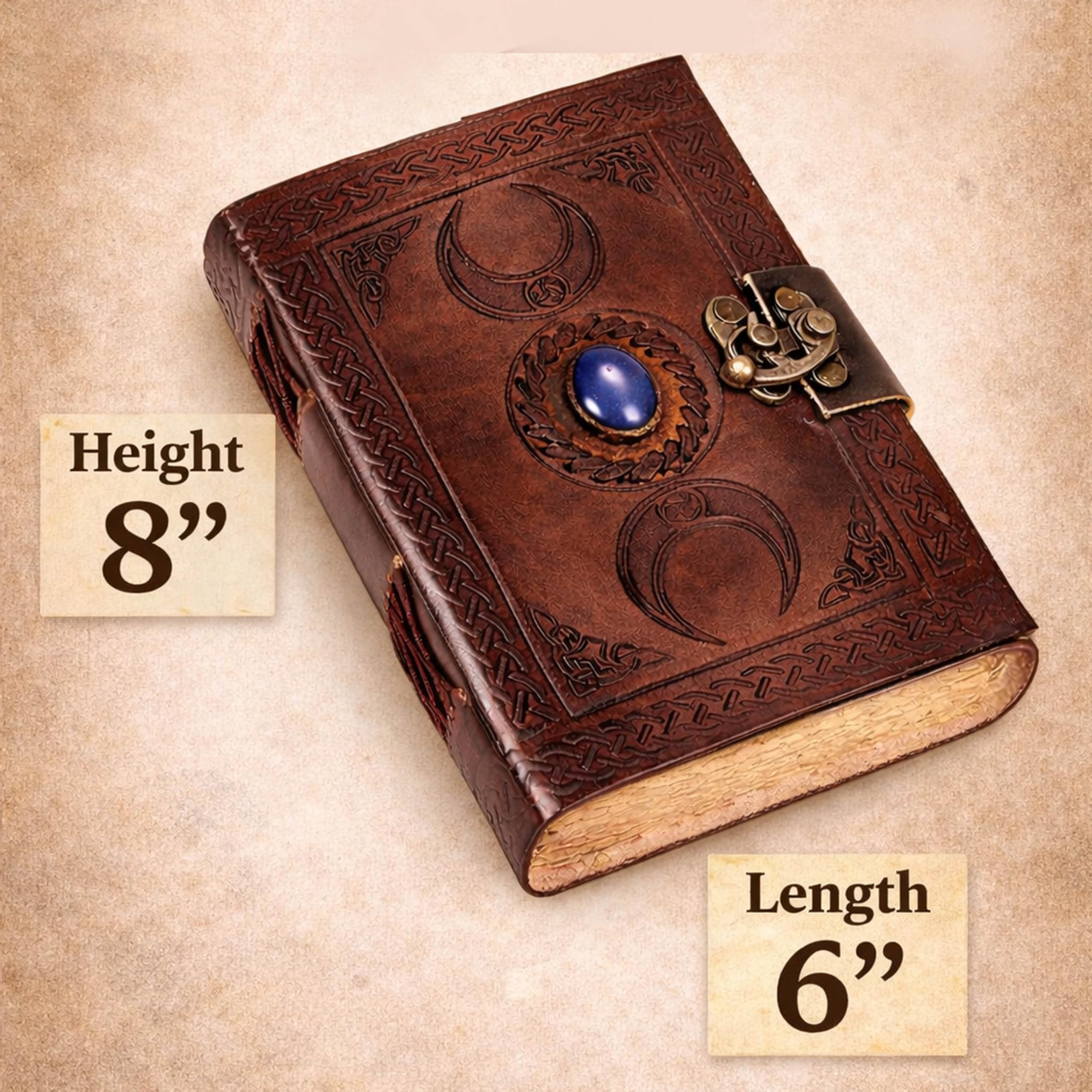 3 Moon Blue Lapis Embossed Vintage Leather Journal | 240 Pages of Antique Handmade Deckle Edge Vintage Paper, Leather Sketchbook, Drawing Journal, Great Gift (5 by 7 inch, black)
