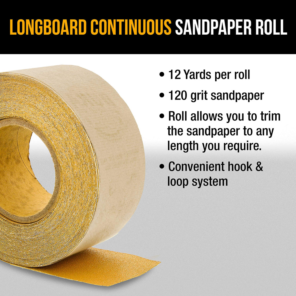 Dura-Gold Premium - 40 Grit Gold - Hook & Loop Backing Longboard Continuous Sandpaper Roll, 2-3/4" Wide, 12 Yards Long - For Automotive & Woodworking Air File Long Board Sanders, Hand Sanding Blocks