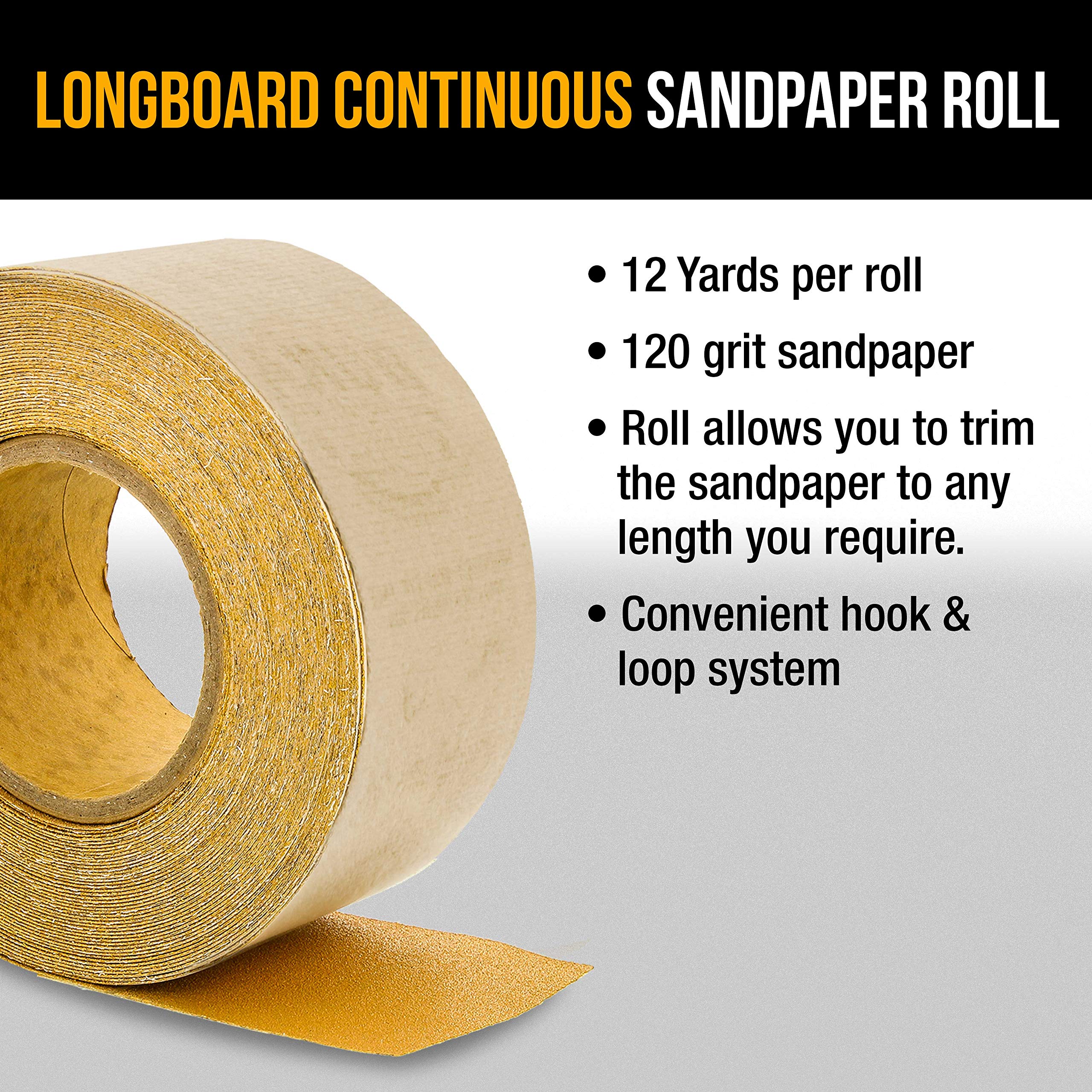 Dura-Gold Premium - 40 Grit Gold - Hook & Loop Backing Longboard Continuous Sandpaper Roll, 2-3/4" Wide, 12 Yards Long - For Automotive & Woodworking Air File Long Board Sanders, Hand Sanding Blocks