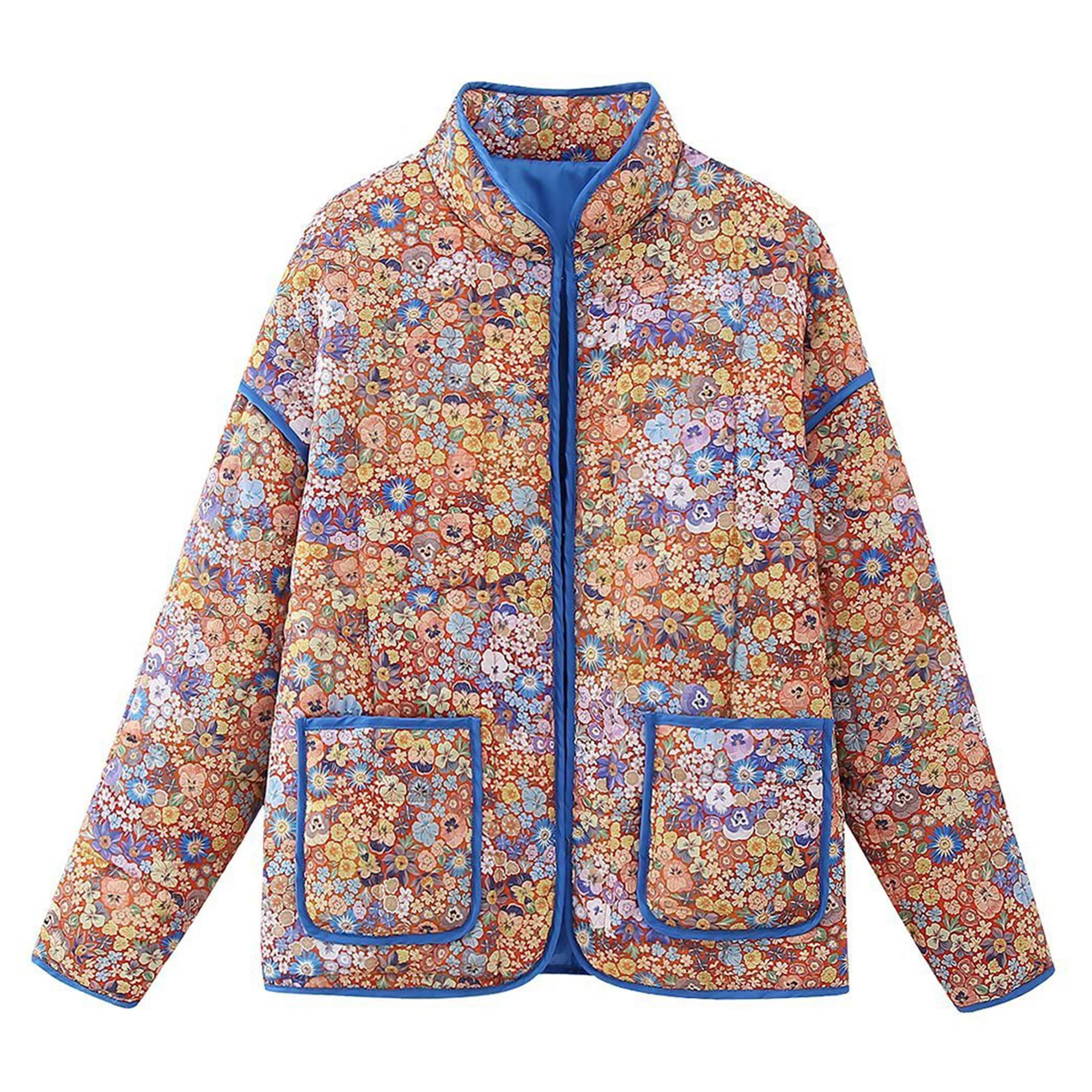 Omoone Women's Cropped Quilted Jacket Floral Printed LightWeight Padded Puffer Cardigan Coat Outwear