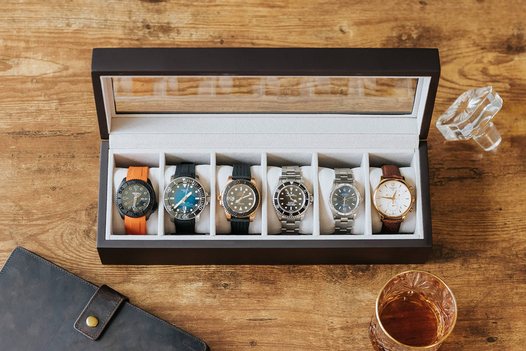 CASE ELEGANCE 6-Slot Solid Wood Watch Box for Men — Real Glass Display Top, Magnetic Closure & Pillow Stands | Watch Organizer Display Case | Gift for Him | Espresso