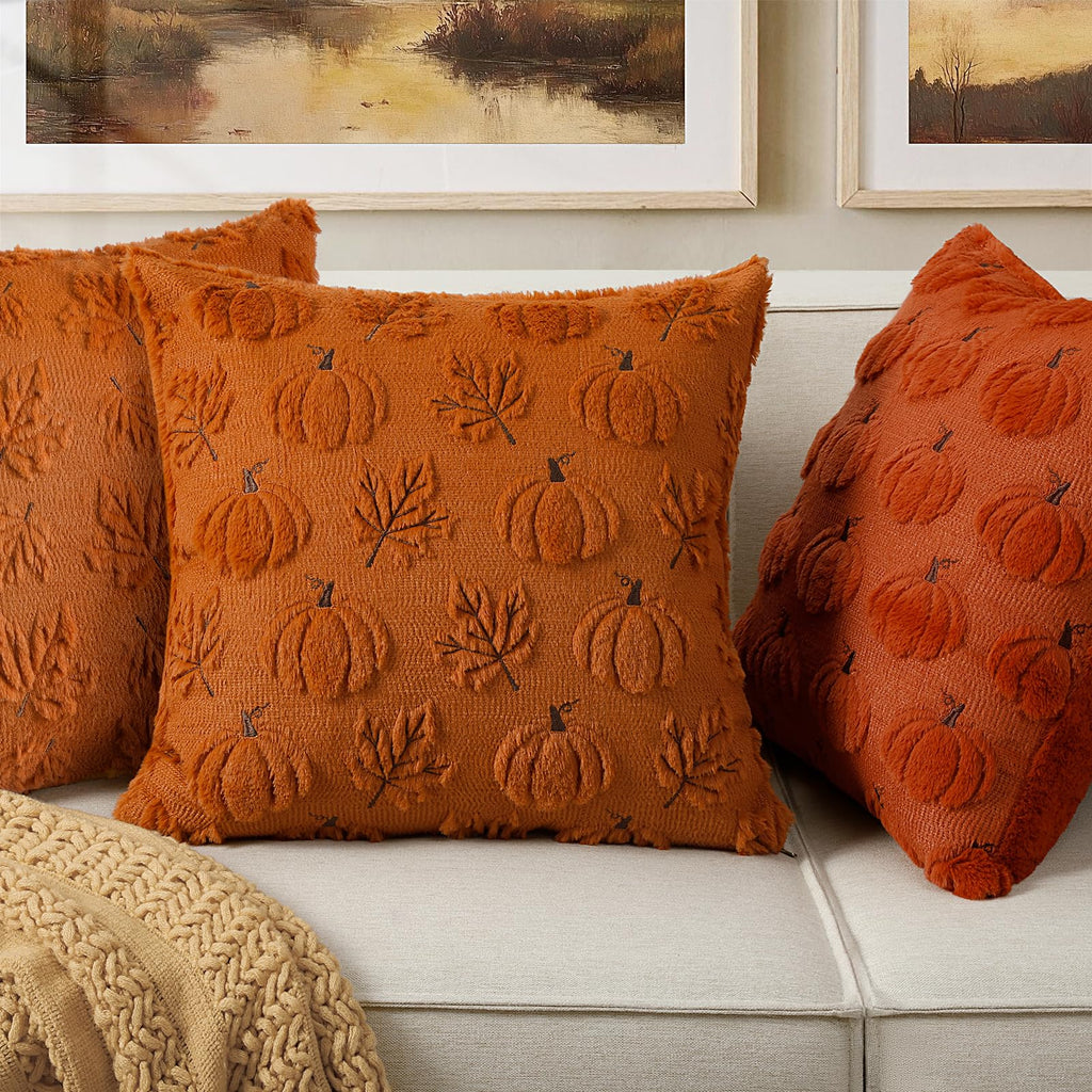 Fall Beige Pillow Covers 18x18 Set of 2 Double-Sided Pumpkin Plush | Boho farmhouse comfort with raised Autumn pumpkin embroidery, designed for living rooms, sofas, and cozy fall home decor.