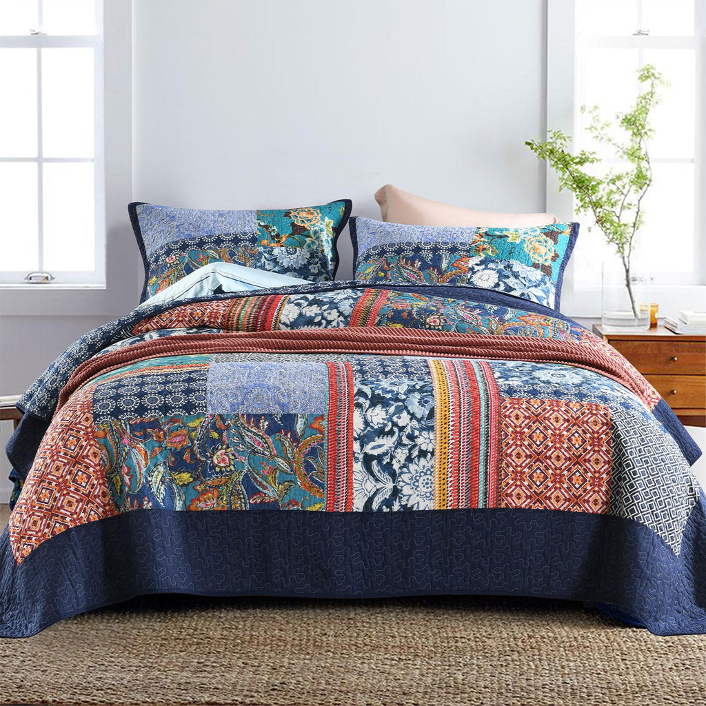 Secgo Twin Comforter Set for Bed - 100% Cotton Quilts Twin Size, Black Bedspreads with 2 Pillow Shams, Patchwork Reversible Lightweight Bedding