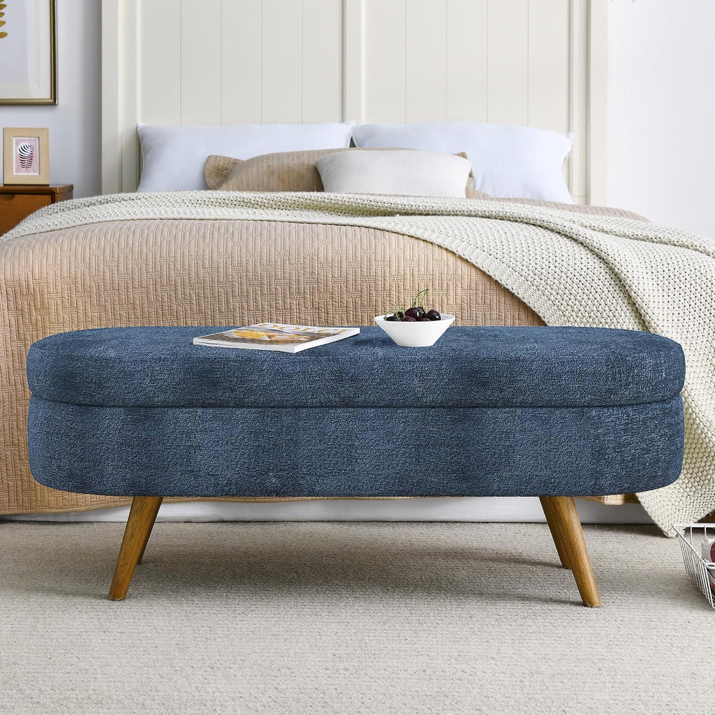 ECLYL Oval Storage Bench 43.5" Linen Fabric Upholstered Entryway Bench with Solid Wood Legs Ottoman Bench Indoor Bench for Living Room/Bedroom/End of Bed/Entryway (Blue)