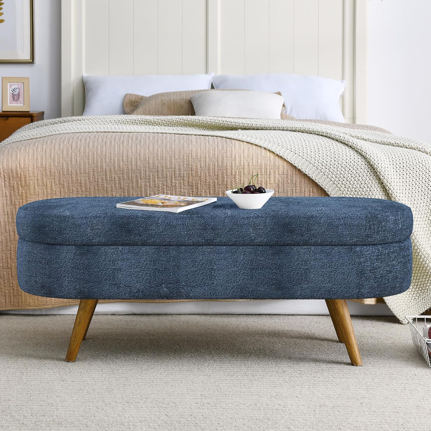 ECLYL Oval Storage Bench 43.5" Linen Fabric Upholstered Entryway Bench with Solid Wood Legs Ottoman Bench Indoor Bench for Living Room/Bedroom/End of Bed/Entryway (Blue)