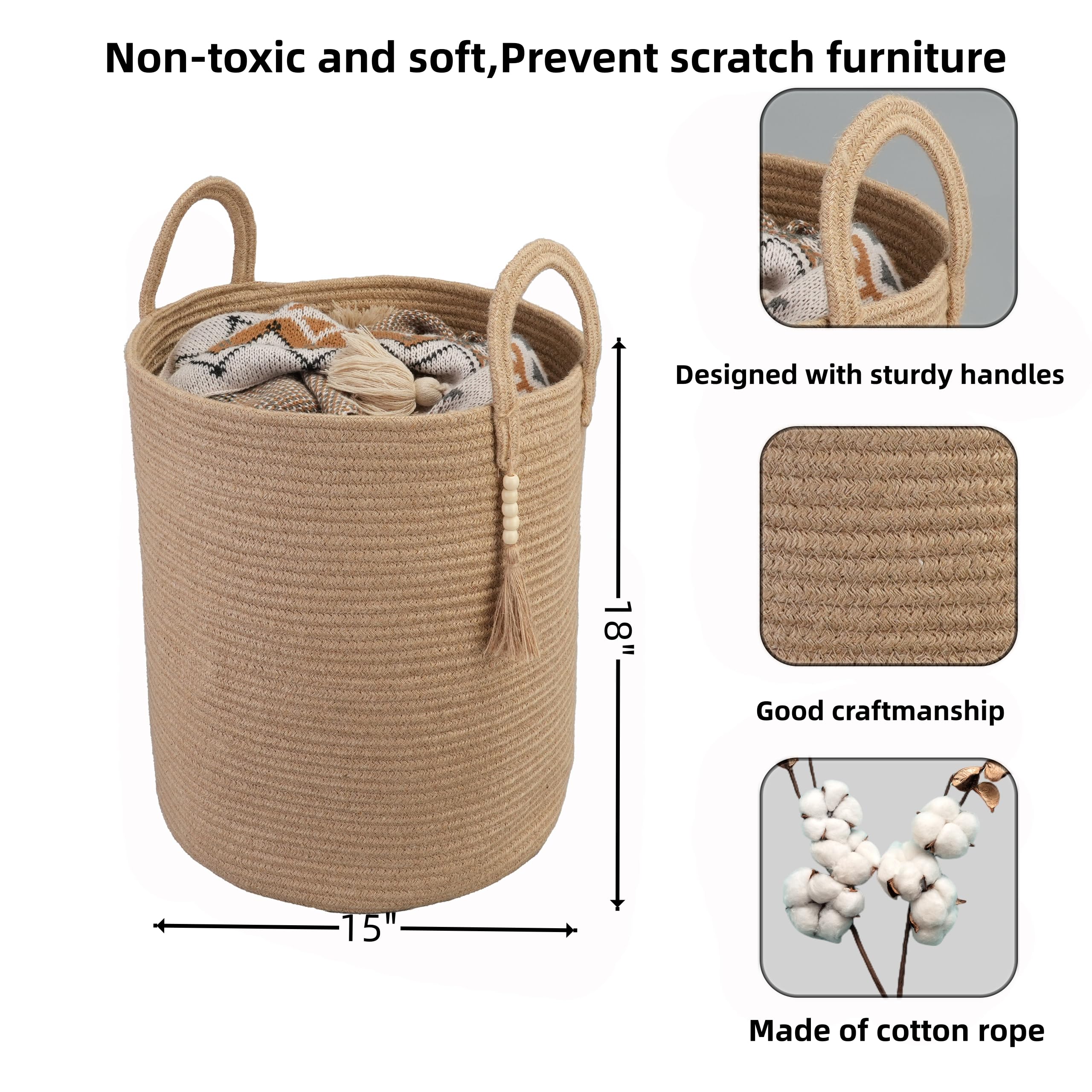 XUANGUO Black Cotton Rope Laundry Basket Hamper for Clothes Woven Storage Basket for Living Room Bedroom Boho Tall Rope Baskets for Blanket Toys Pillow Towels Baby Nursery Hamper Bin Large