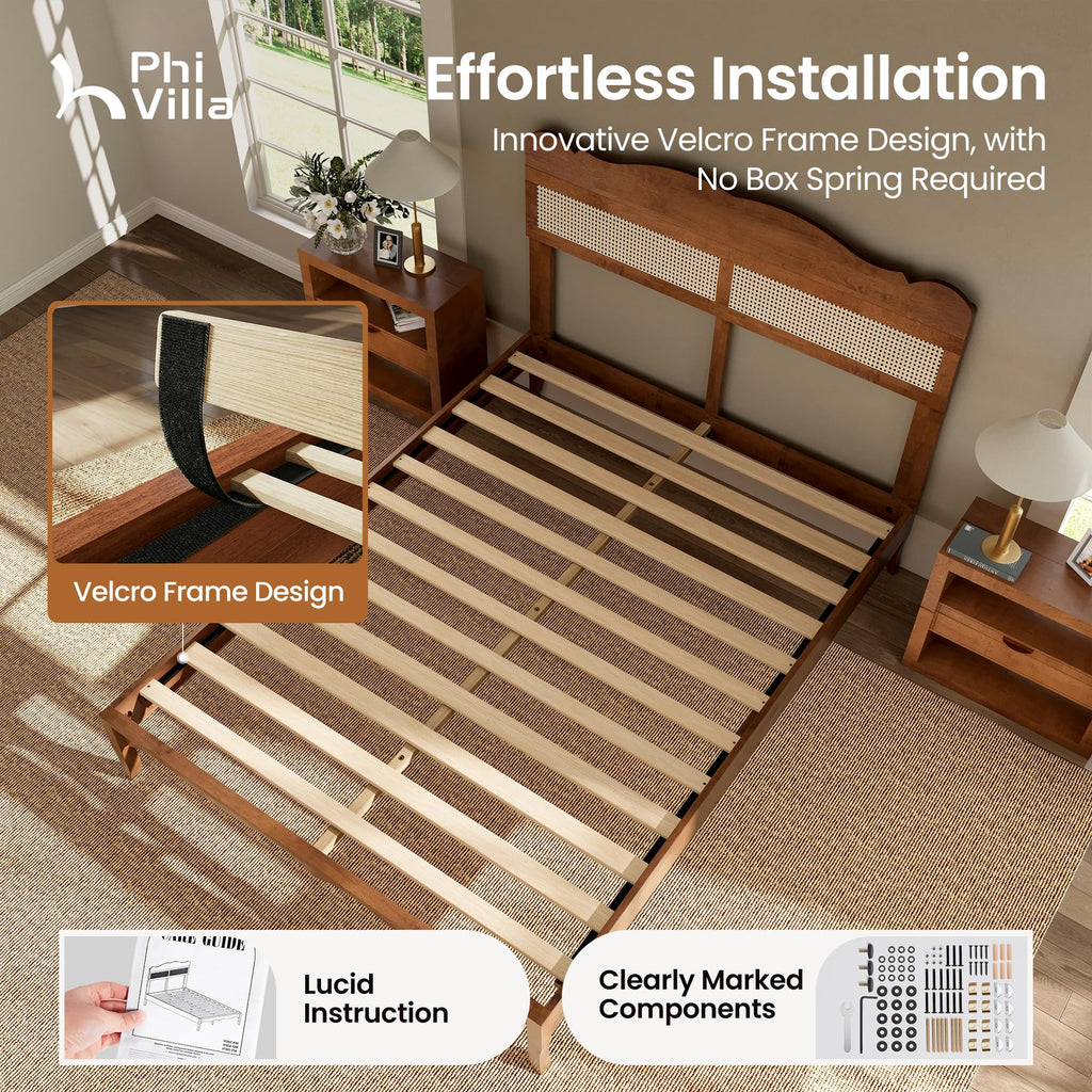 PHI VILLA Full Rattan Bed Frame with Headboard, Mid Century Modern Wooden Bed Frames, No Box Spring Needed, Brown
