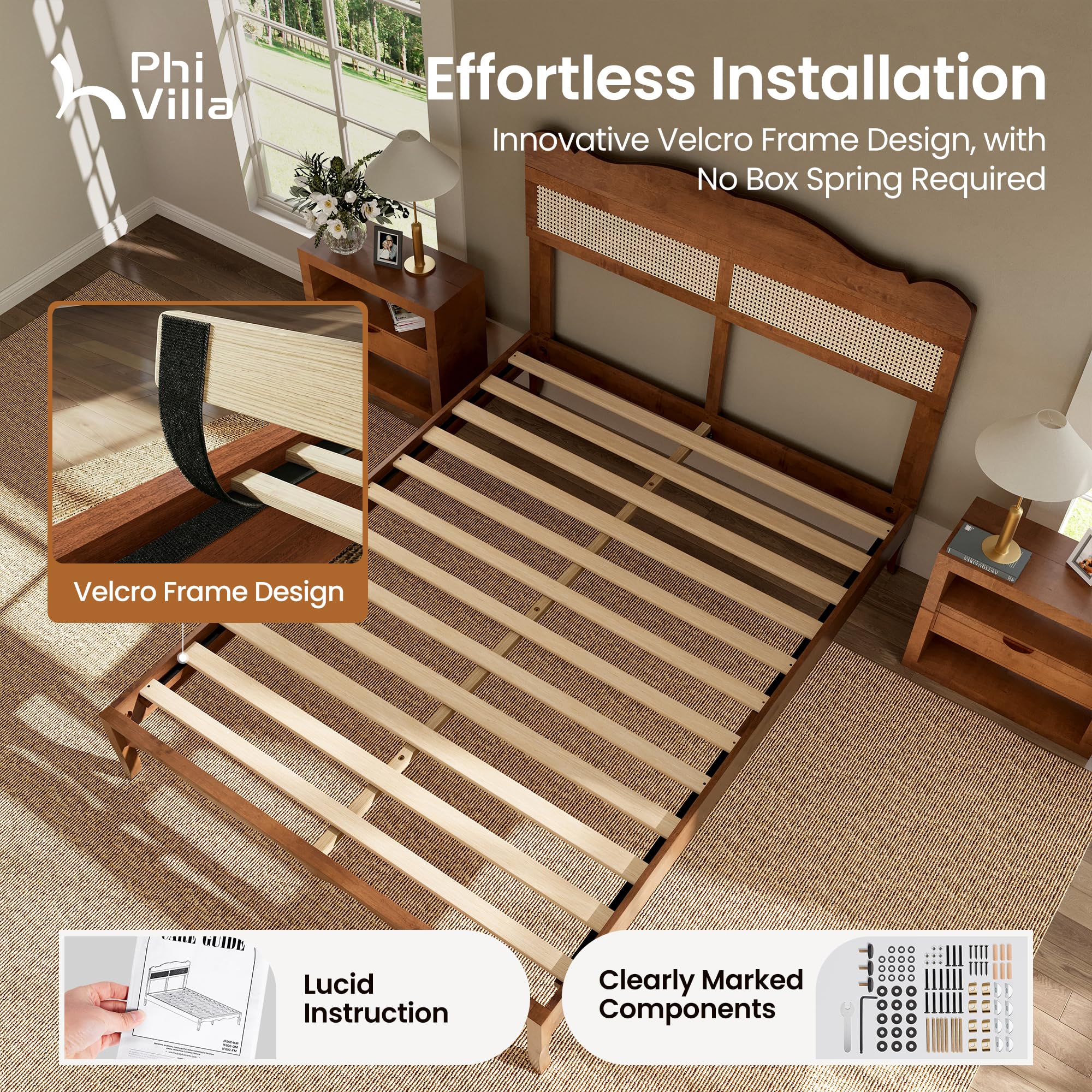 PHI VILLA Full Rattan Bed Frame with Headboard, Mid Century Modern Wooden Bed Frames, No Box Spring Needed, Brown