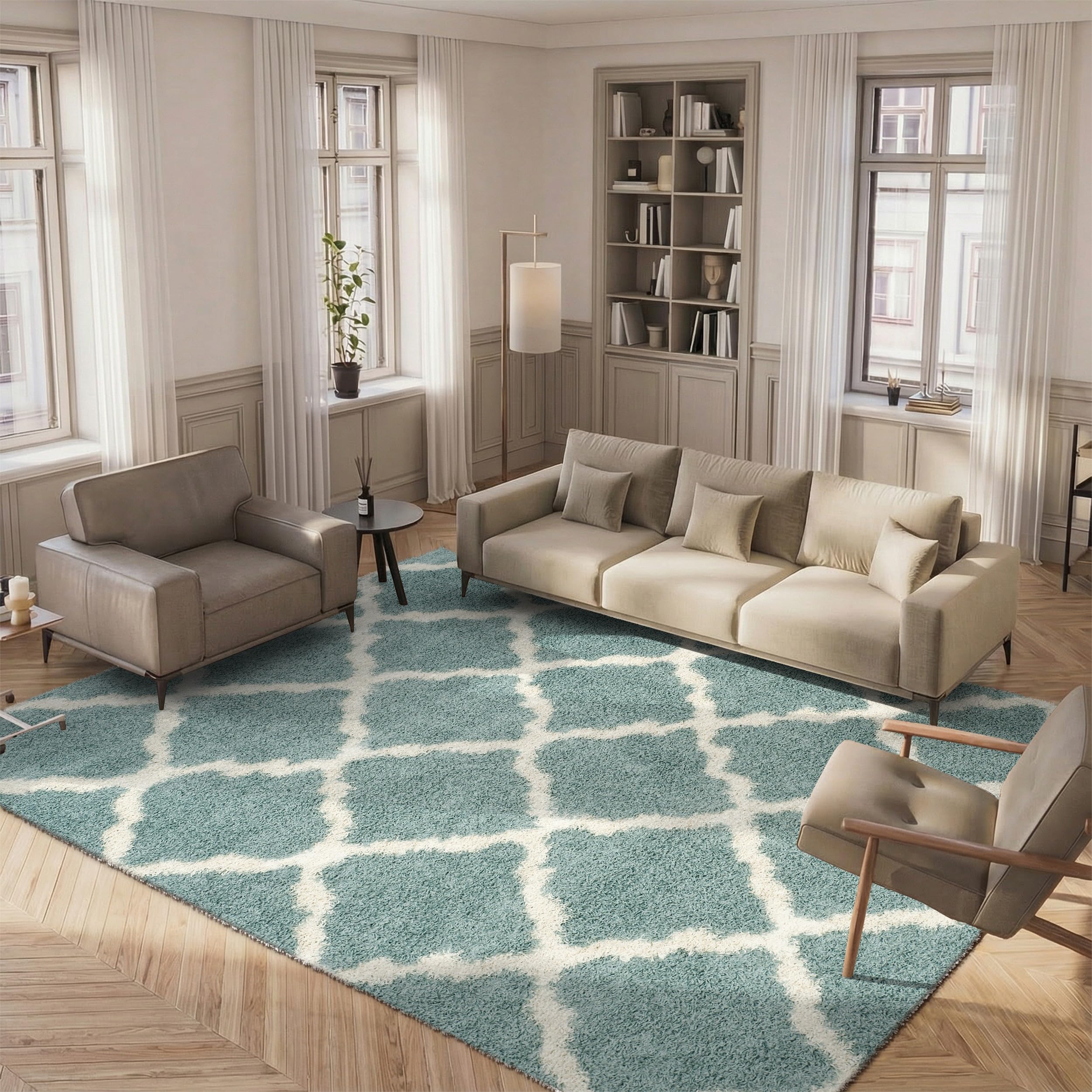 SAFAVIEH Dallas Shag Collection Accent Rug - 2'3" x 4', Beige & Ivory, Trellis Design, Non-Shedding & Easy Care, 1.5-inch Thick Ideal for High Traffic Areas in Entryway, Living Room, Bedroom (SGD257D)
