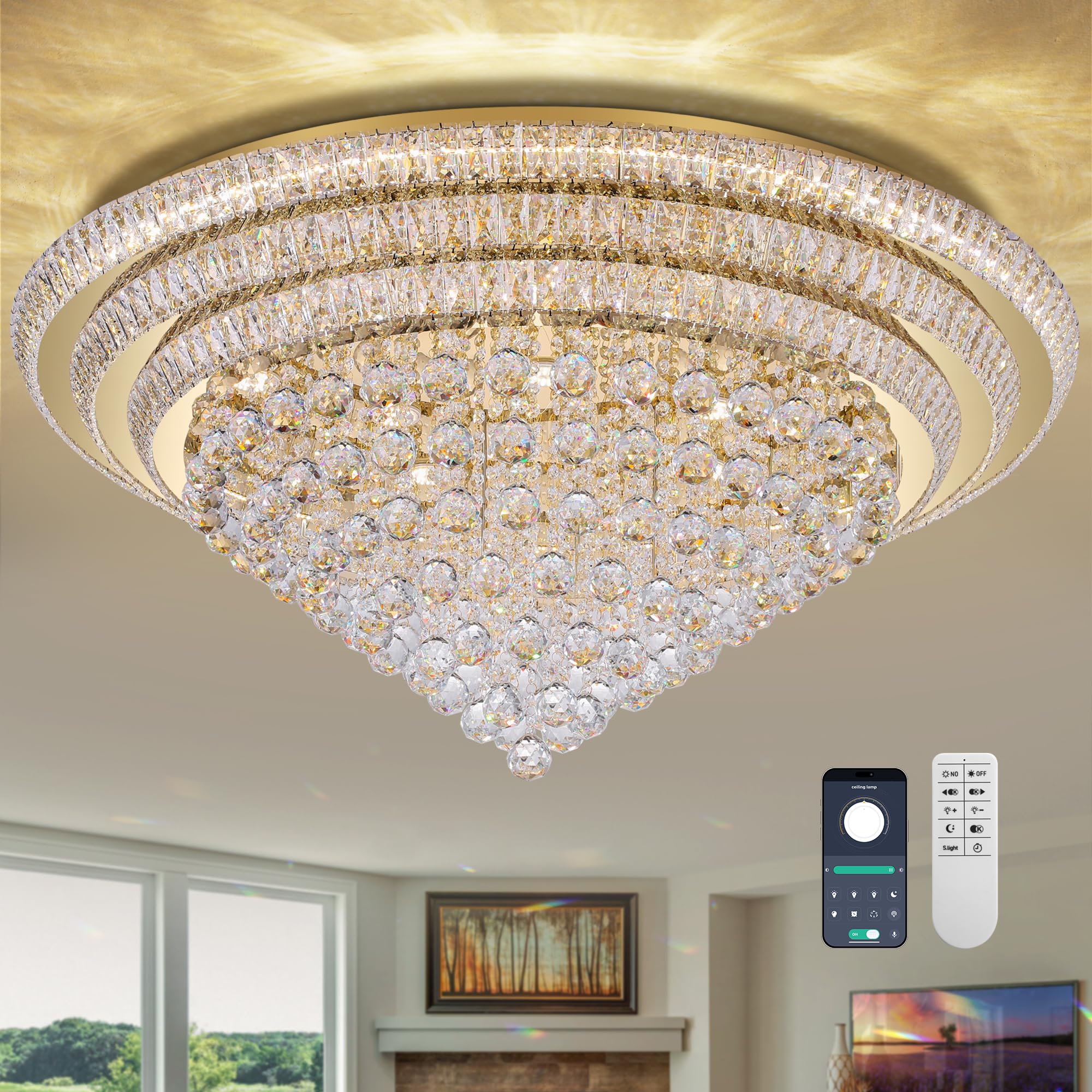 COCOSTAR 20" Gold Crystal Chandeliers, Flush Mount Chandelier LED Ceiling Light, Modern Crystal Raindrop Chandeliers for Dining Room, Living Room, Bedroom