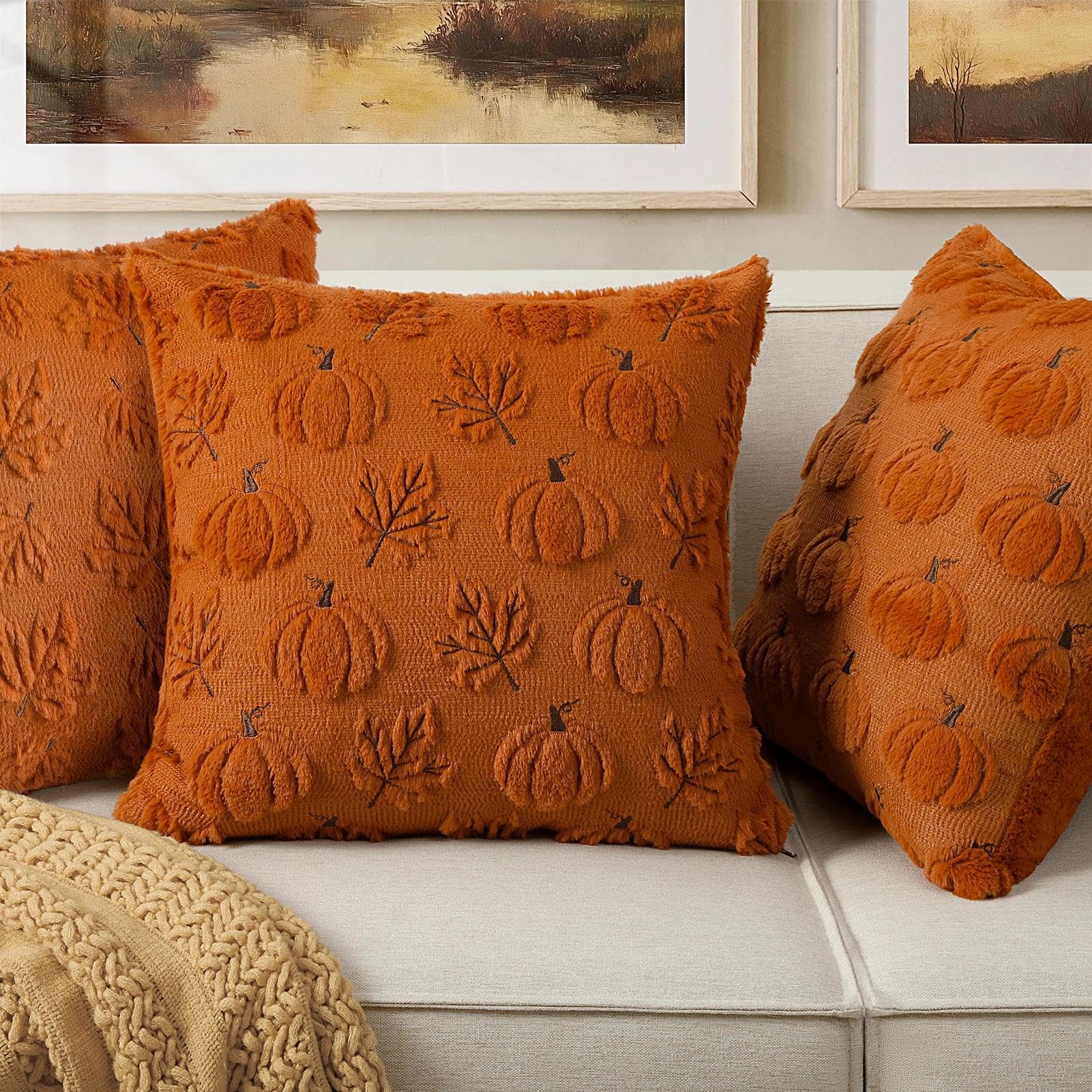 Fall Beige Pillow Covers 18x18 Set of 2 Double-Sided Pumpkin Plush | Boho farmhouse comfort with raised Autumn pumpkin embroidery, designed for living rooms, sofas, and cozy fall home decor.