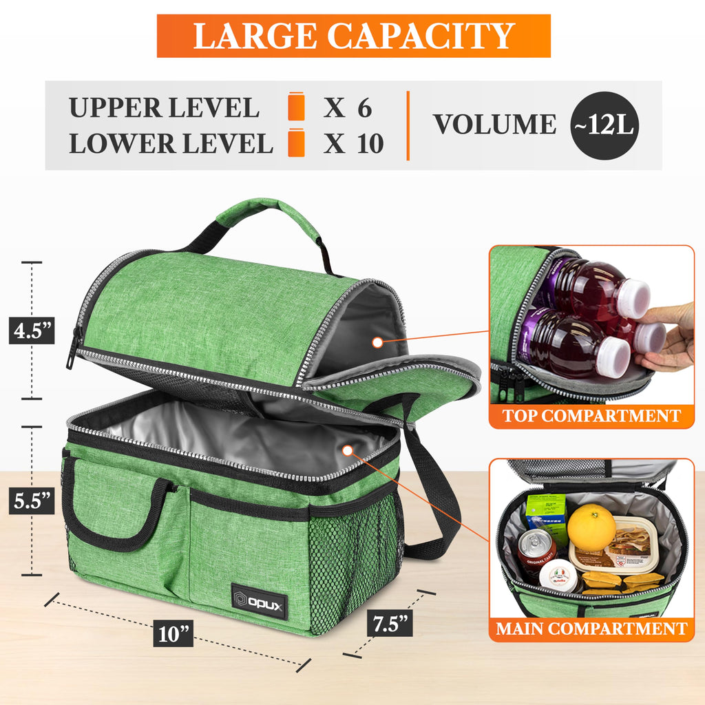 opux Insulated Lunch Bag Women Men, Dual Compartment Leakproof Lunch Box Adults Kids, Double Decker Meal Prep Bento Lunch Cooler Tote with Shoulder Strap for Work Office School Travel, Black