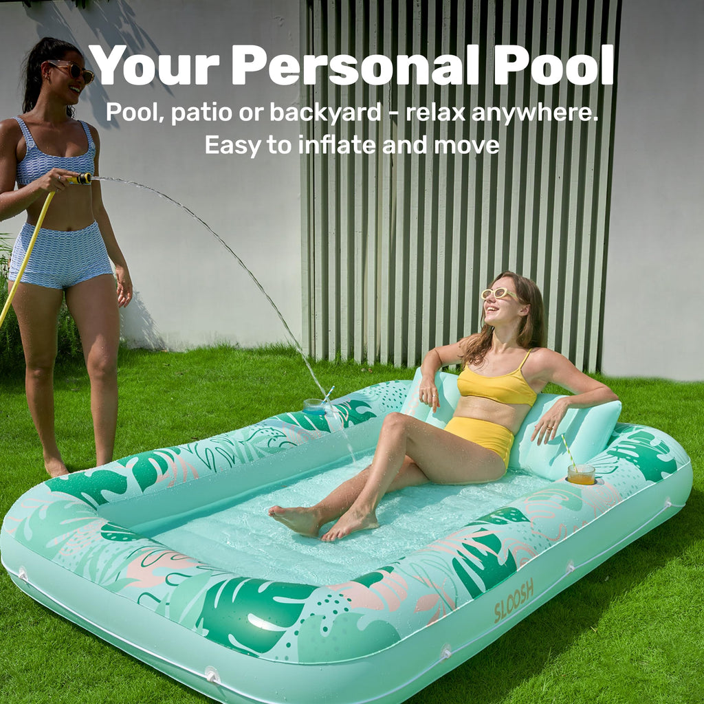 SLOOSH Inflatable Tanning Pool Lounger Float, 85" x 57" Extra Large Pool Floats Adult with Pillow, 4 in 1 Suntan Tub Raft Floatie,Sunbathing Bed Lounge for Water Blow Up Ball Pit Party Gifts, XL-Blue