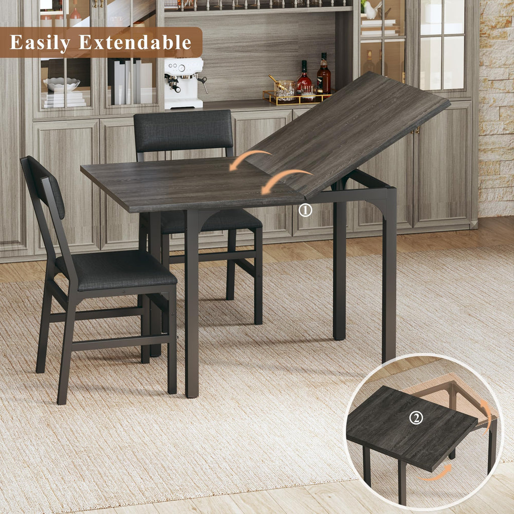 HUAHUU Dining Table Set for 4, Extendable Kitchen Table Cushion Chairs Set of 4, Rectangle Dining Table with Metal Frame & MDF Board, Folding for Small Apartment Saving Space, Black