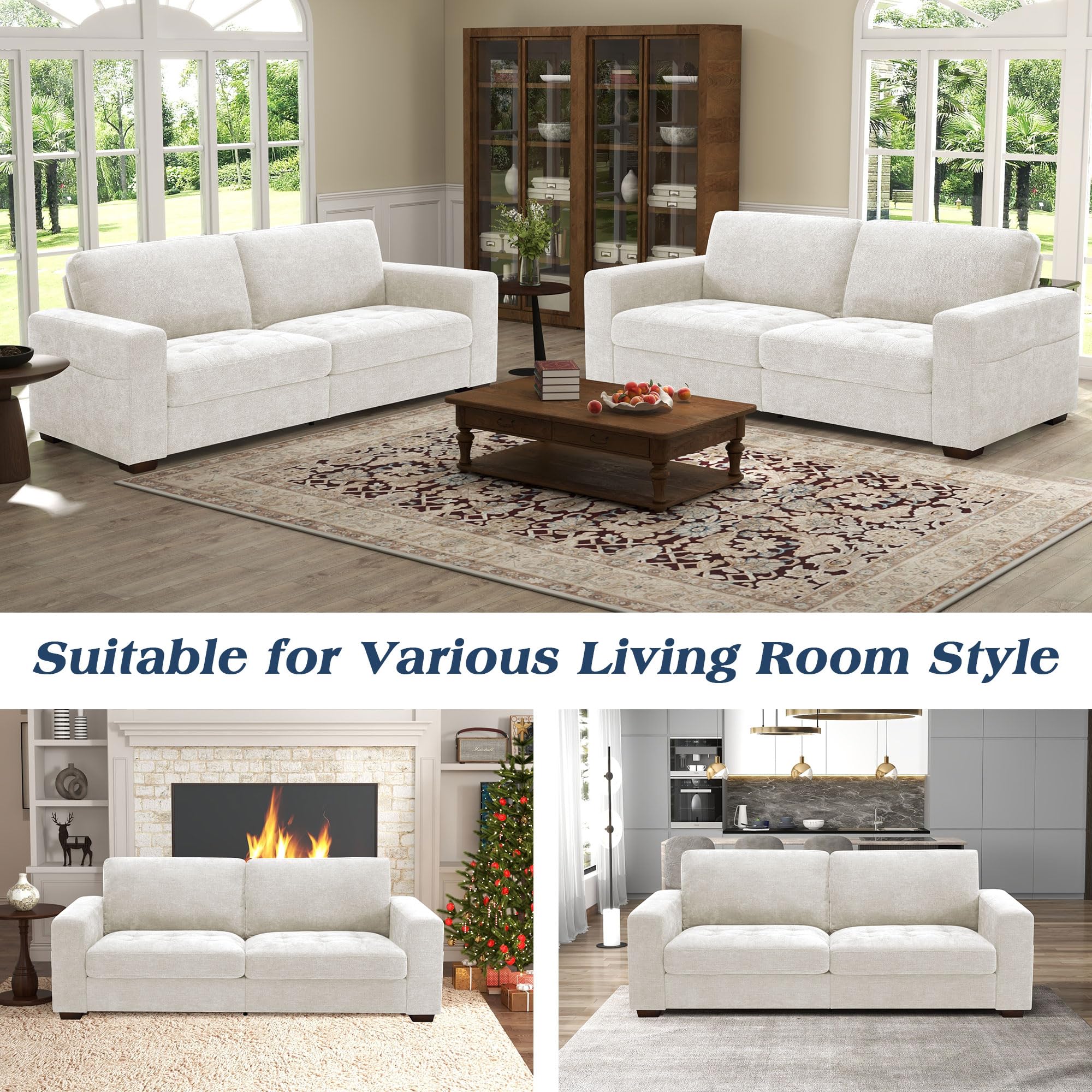 WorthFurni Sofas for Living Room, Chenille Loveseat Couch Set, Small Sofa, 3 Seater Sofa, USB Charging, Removable Sofa Cover,Solid Wood Frame, Easy to Install(70inch,Beige)