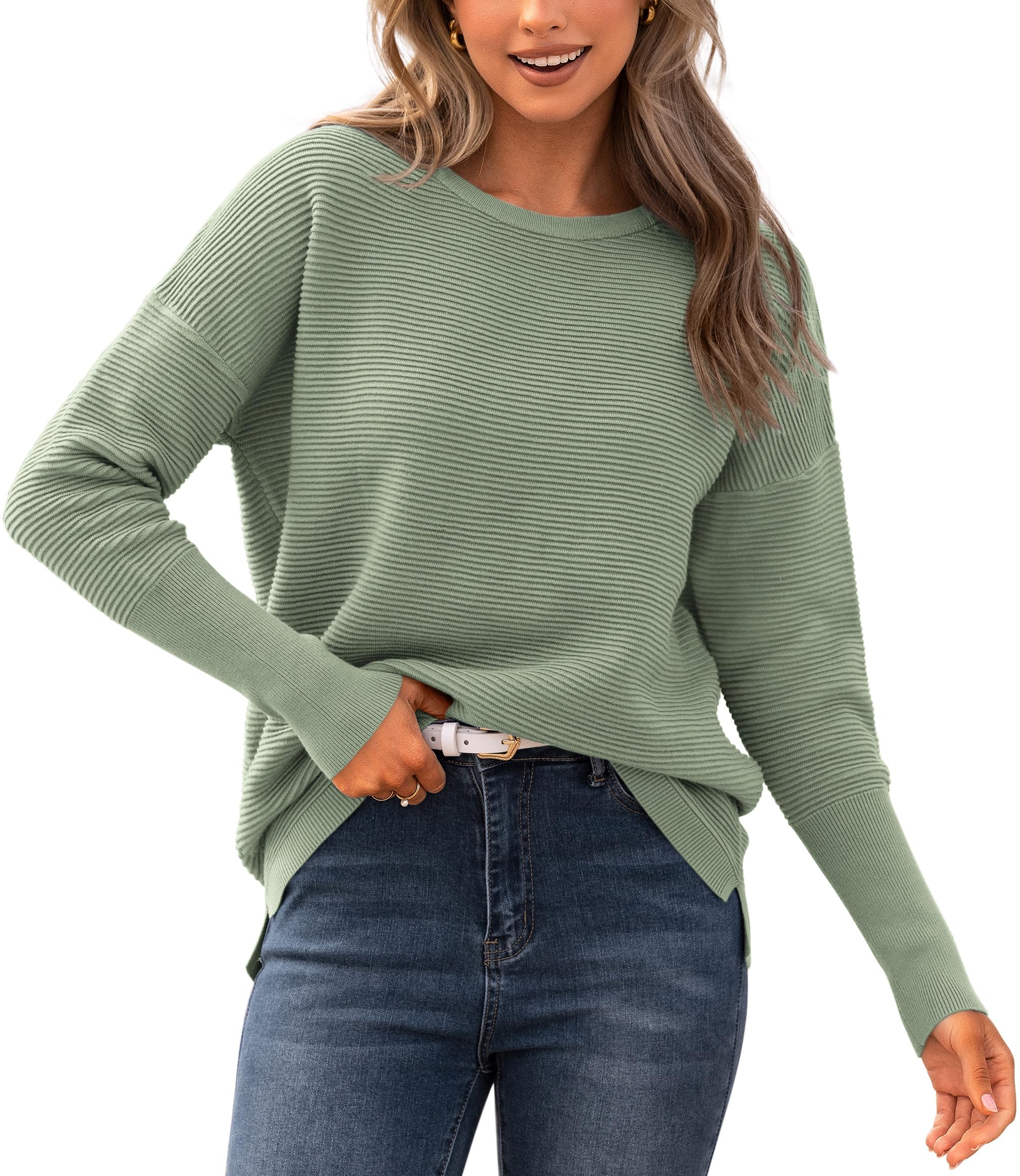 BTFBM Fall Sweaters for Women 2026 Casual Long Sleeve Sweater Striped Loose Fit Pullover Tops