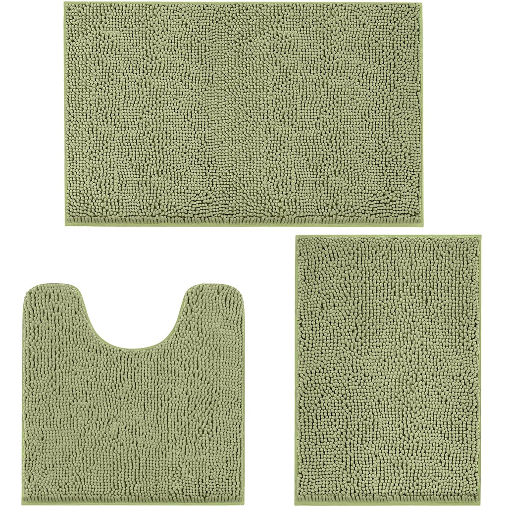 TREETONE Chenille Bath Mat 3 Pieces Bathroom Rugs Set, 20x20 Inches U-Shape Contoured Toilet Mat & 20x32 Inches Rug & Lid Cover,Water Absorbent Plush Rugs for Tub Shower & Bath Room -Beige