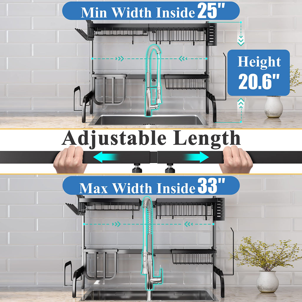 SAYZH Over the Sink Dish Drying Rack, Adjustable (25.5 to 33.5 inch) 2 Tier Metal Steel Dish Drying Racks for Kitchen Counter with Hooks Paper Towel Utensil Cup Holder Sink Caddy (Black)