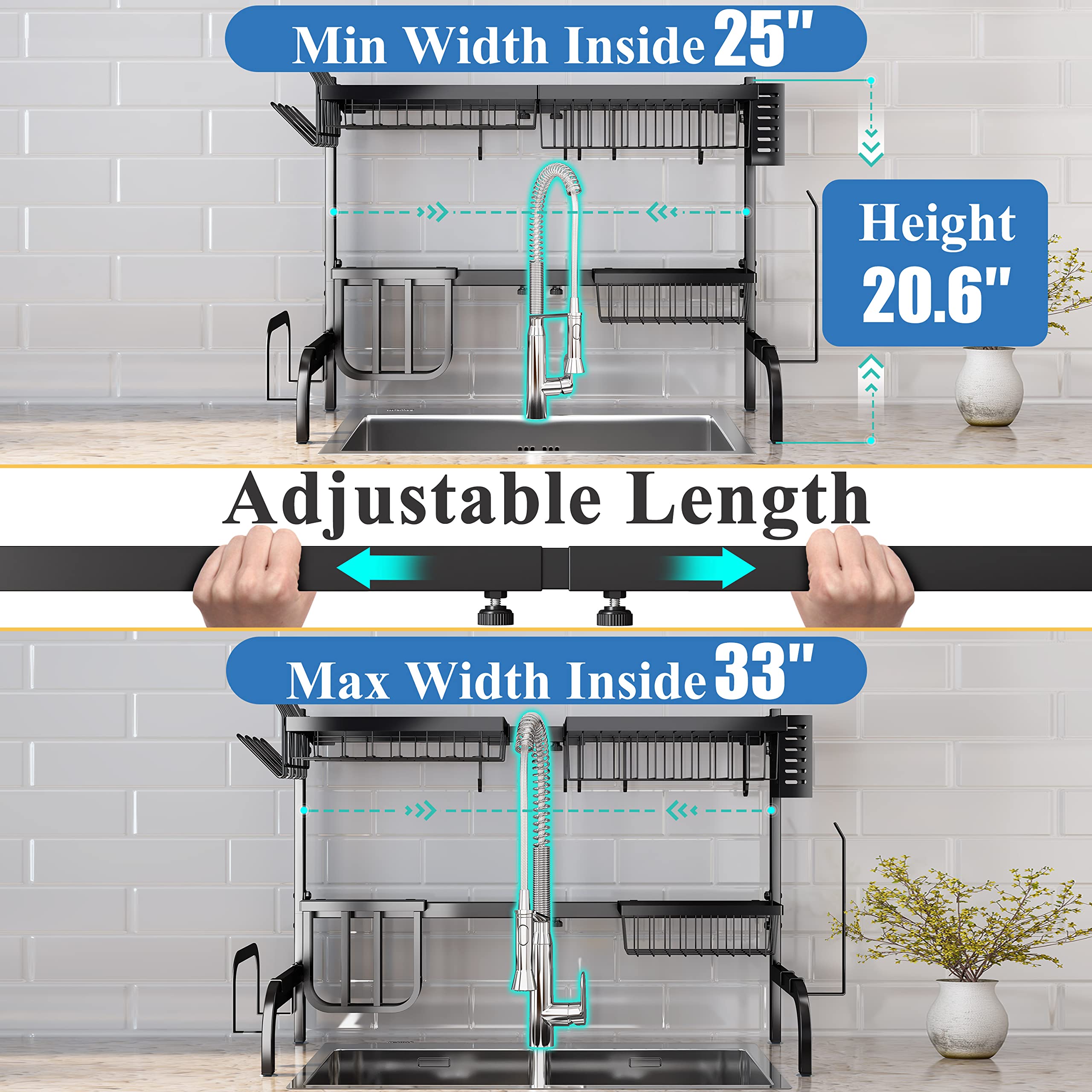 SAYZH Over the Sink Dish Drying Rack, Adjustable (25.5 to 33.5 inch) 2 Tier Metal Steel Dish Drying Racks for Kitchen Counter with Hooks Paper Towel Utensil Cup Holder Sink Caddy (Black)