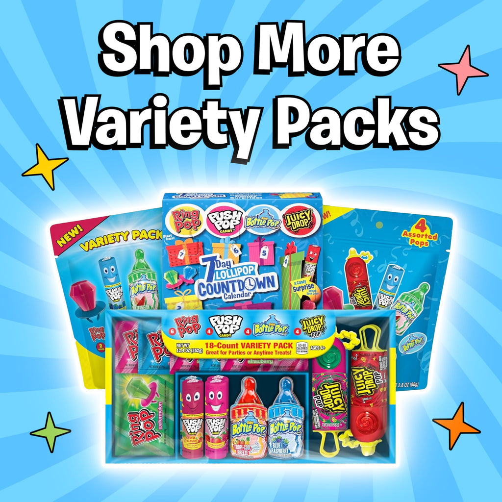 Assorted Candy Variety Pack 4 Count Lollipops - Ring Pop, Push Pop, Baby Bottle Pop & Juicy Drop - Ideal for Kids Party Favors, Party Favor Bags by Bazooka Brands