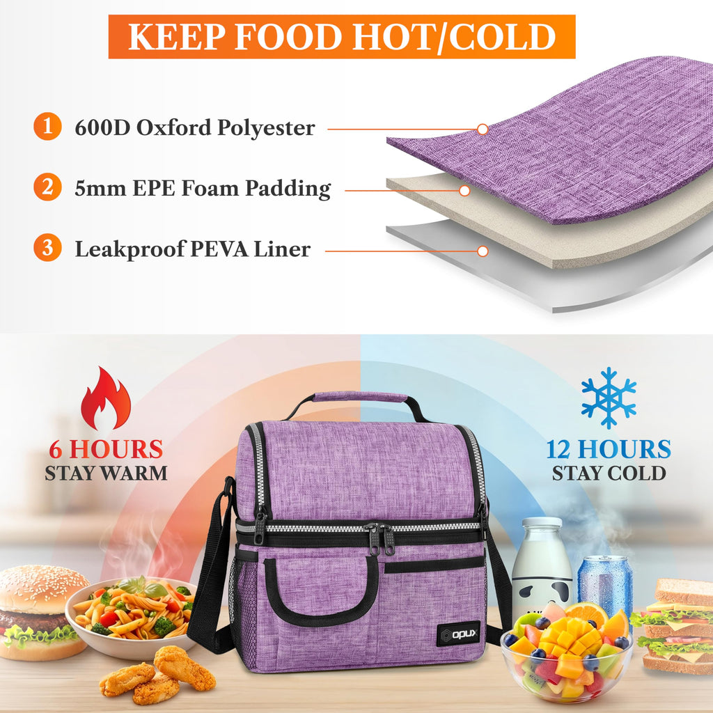 opux Insulated Lunch Bag Women Men, Dual Compartment Leakproof Lunch Box Adults Kids, Double Decker Meal Prep Bento Lunch Cooler Tote with Shoulder Strap for Work Office School Travel, Black