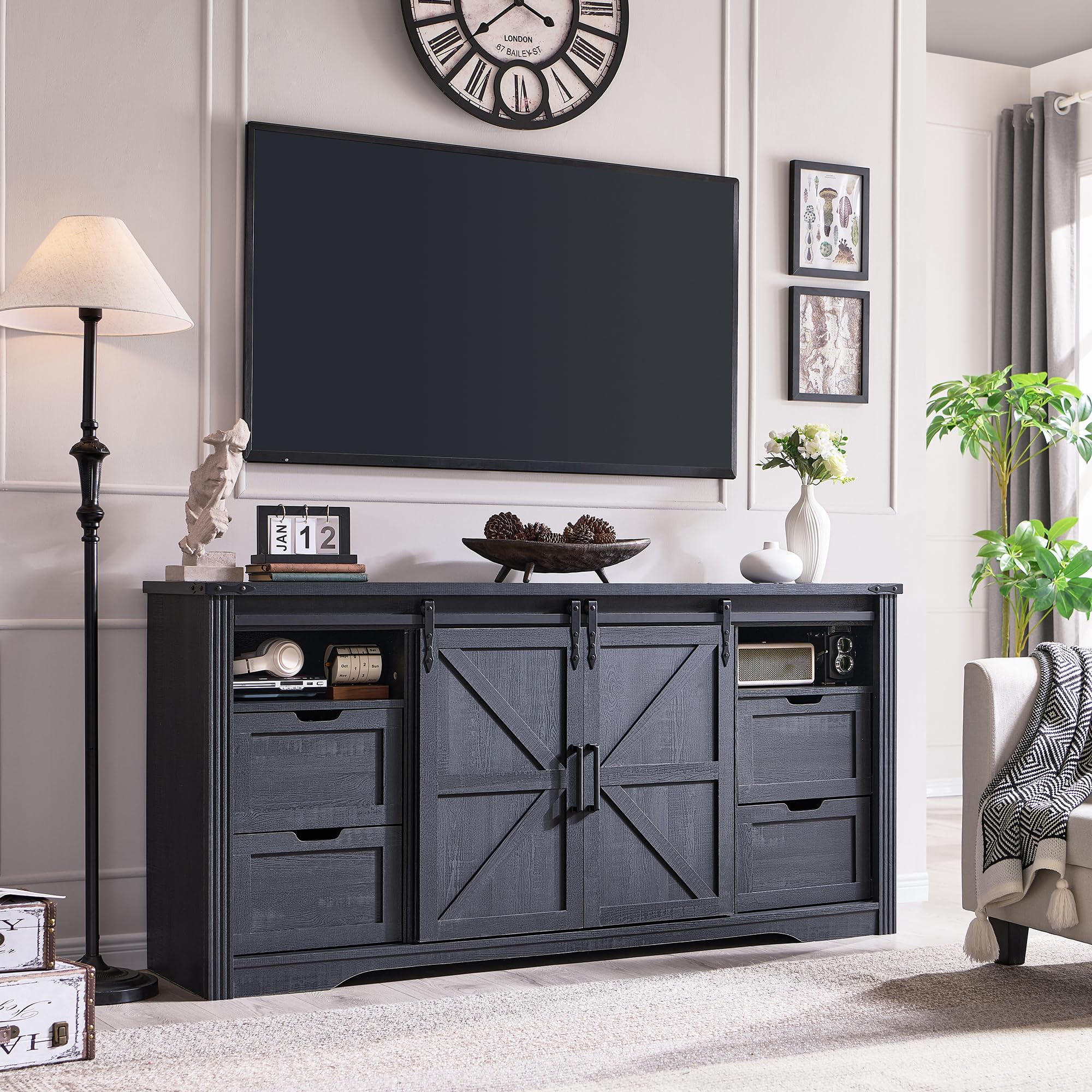JXQTLINGMU Farmhouse TV Stand for 75+ Inch TV, 32" Tall Entertainment Center w/4 Drawers & Sliding Barn Door, Rustic Media Console w/Storage Shelves, 66" Wood Television Stand for Living Room, Black