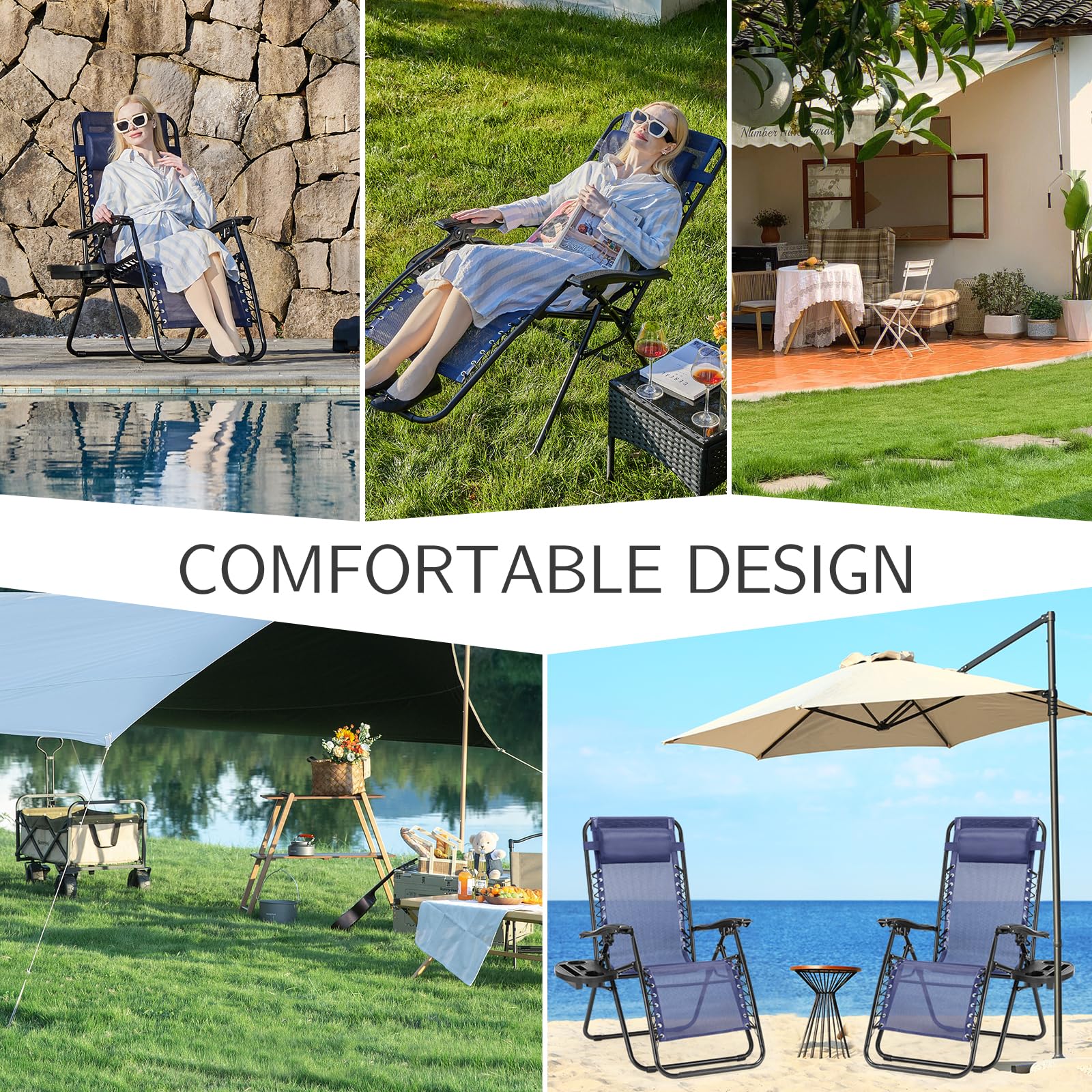 Sweetcrispy Zero Gravity Chairs, Set of 4 Portable Recliner Beach Camping Patio Outdoor Folding Lounge Chair with Cup Holder Trays and Adjustable Pillow for Poolside, Garden, Backyard, Lawn, Black