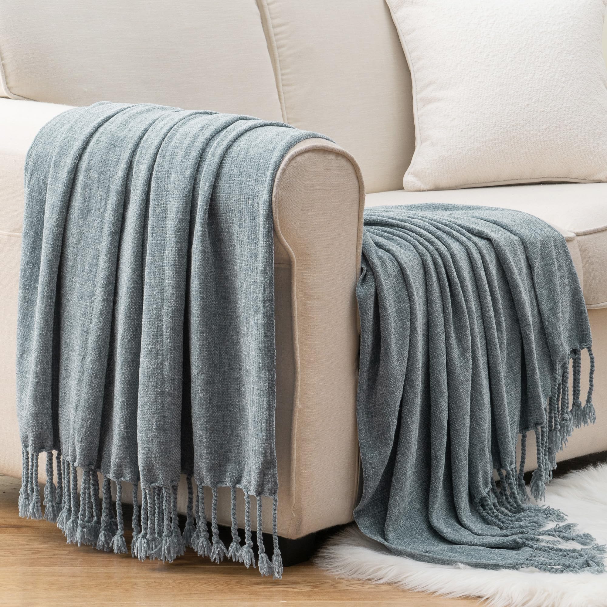 BATTILO HOME Beige Chenille Throw Blanket for Couch, Soft Cozy Textured Knit Throw Blanket with Handmade Fringe Tassels, Lightweight Decorative Farmhouse Blanket for Sofa Bed Chair, 50"x60"