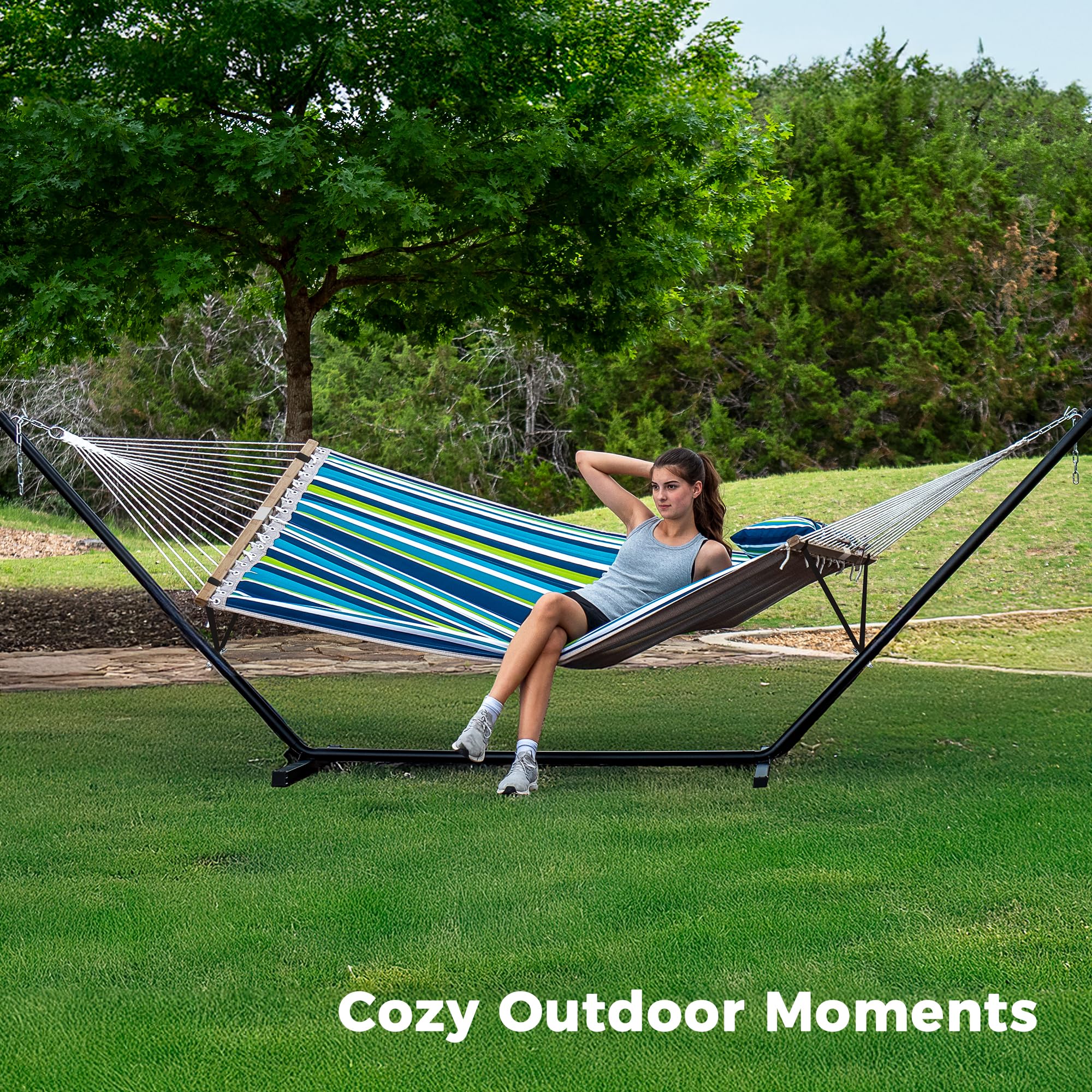 SUPERJARE Hammock with Stand, 2 Person Quilted Outdoor Hammock, Detachable Pillow & Bamboo Spreaders, Portable Hammock with Carrying Bag, Heavy Duty Stand, Perfect for Outside, Patio, Aqua Blue