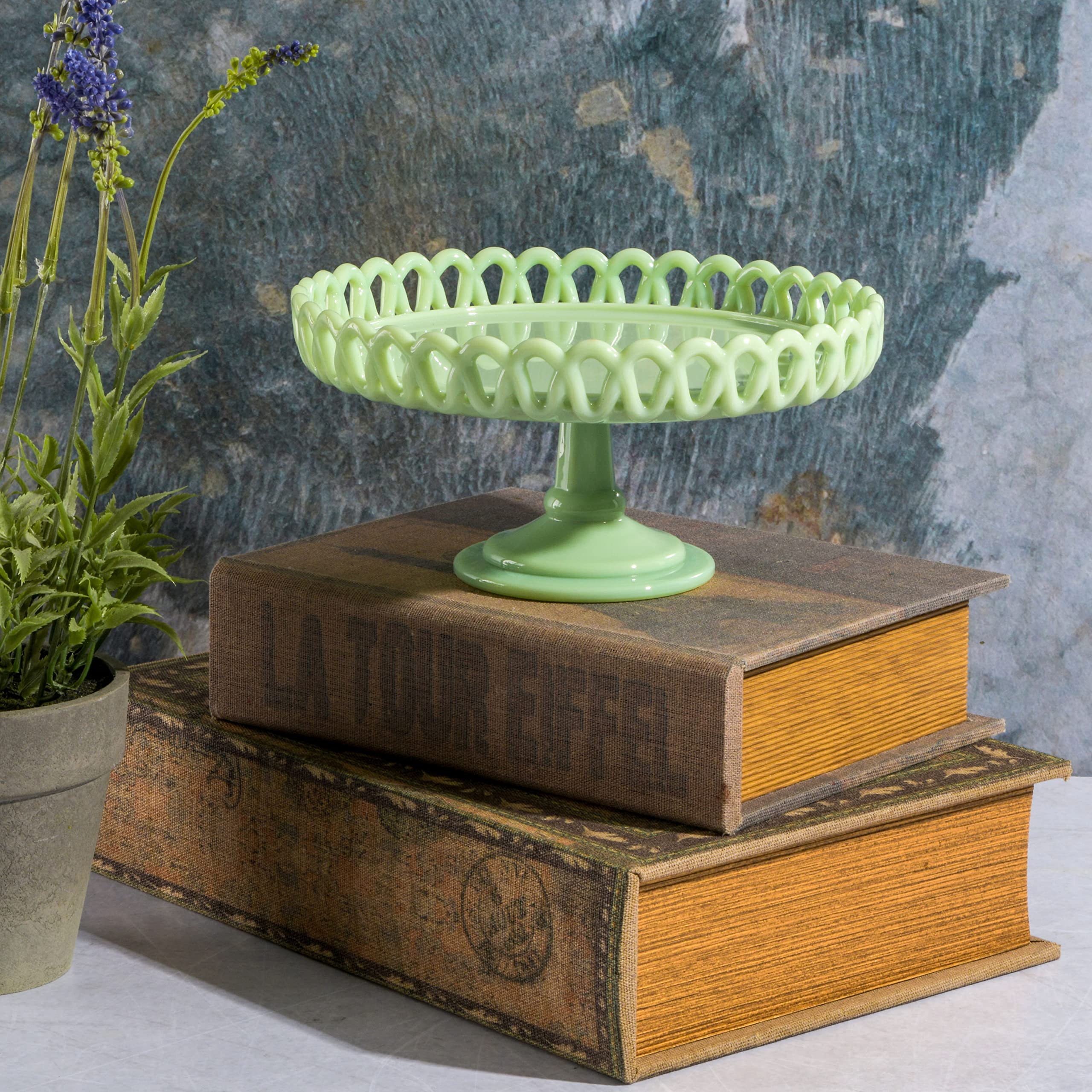 Martha Stewart Watercrest Glass Cake Stand, 10.2 Inch Footed Pedestal Cake Plate with Scalloped Ruffled Edge, Clear Handmade Glassware for Weddings, Parties, and Dessert Display